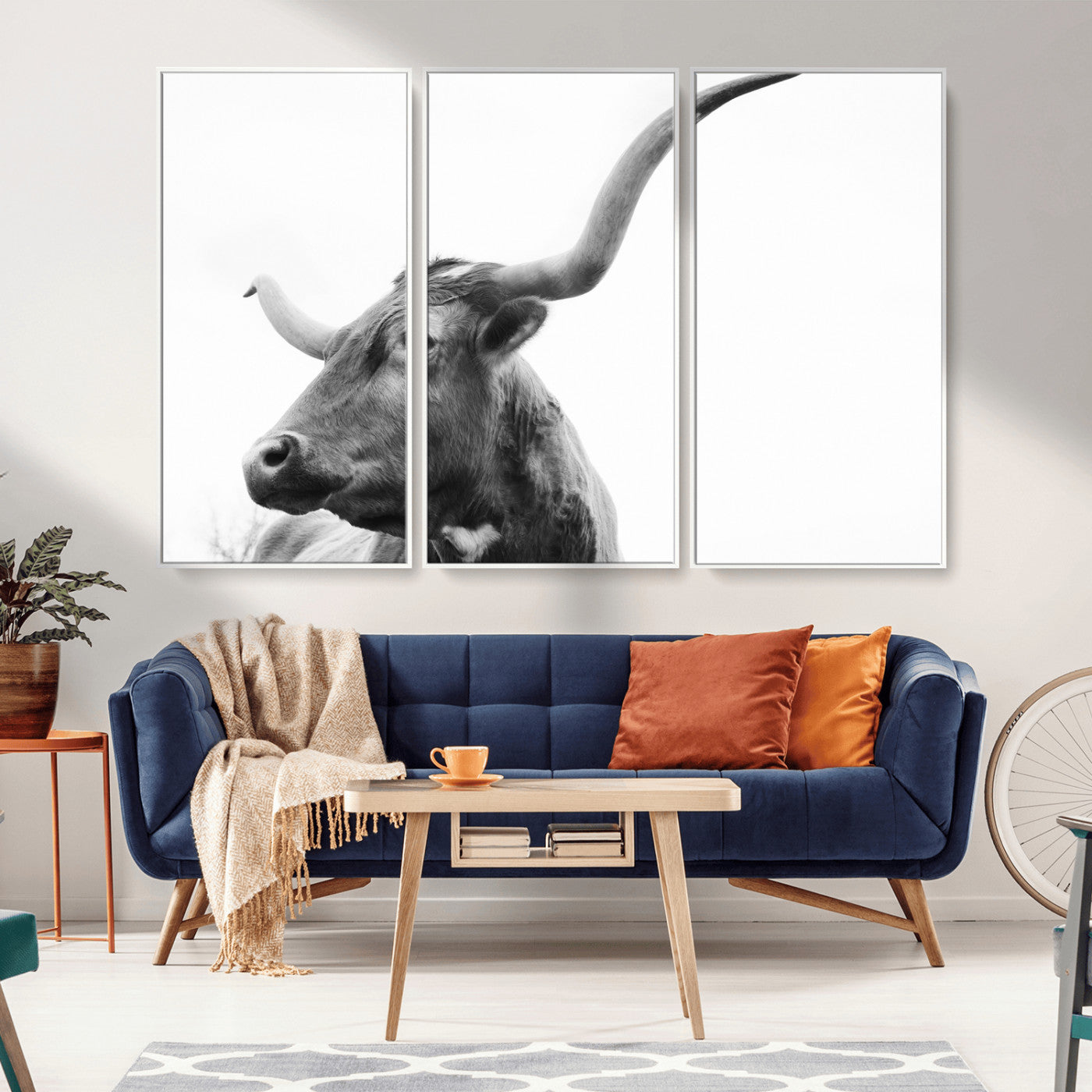 -Longhorn Wall Art Wall Art Canvas Print, Framed Modern Ranch Style Art Art Picture Print, Monochrome Cow Print Perfect Rustic Western Decor Artwork