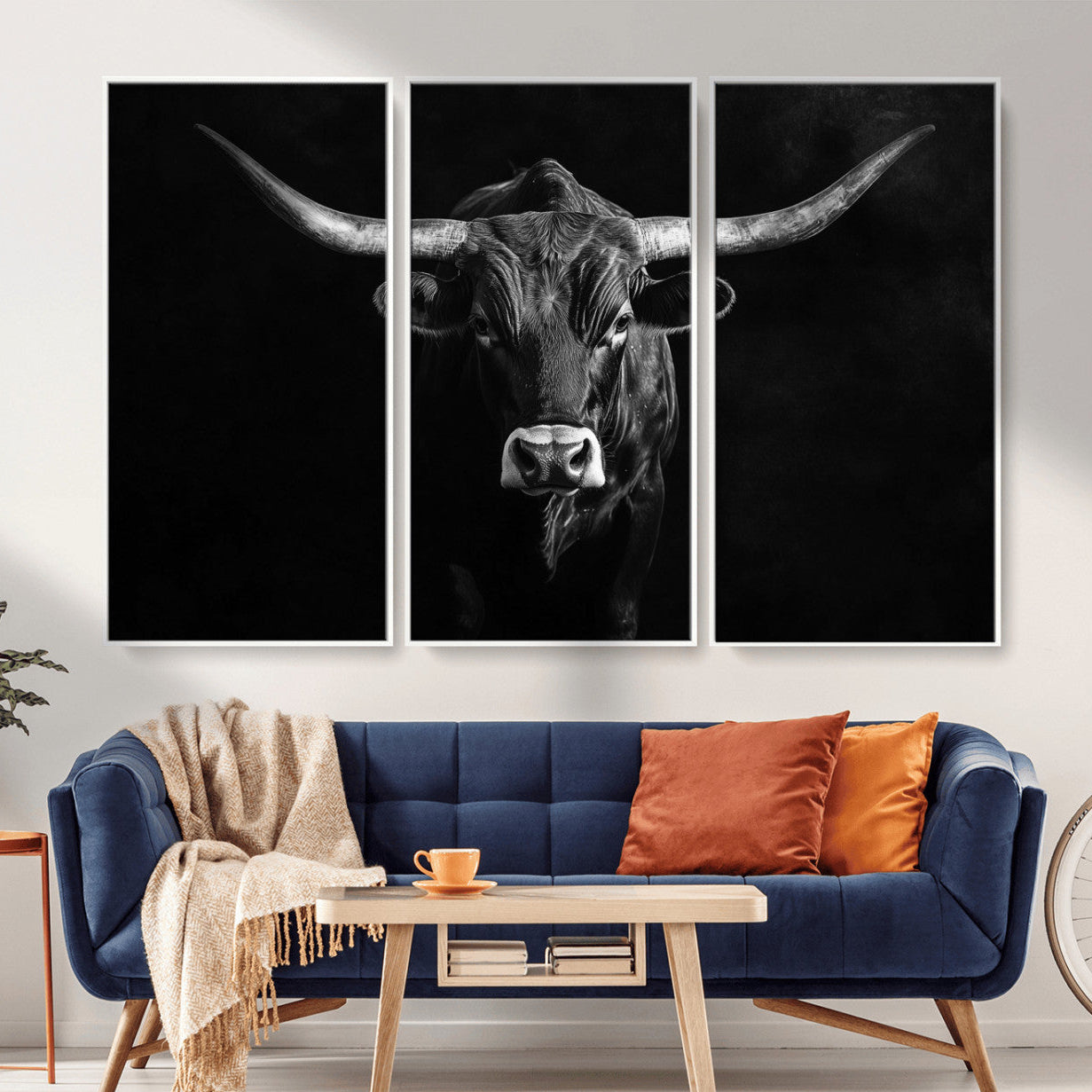 42077175-MGV-CV-36X24-Texas Longhorn Wall Art Canvas Print – Framed Monochrome Horned Bull Rustic Western Cattle Artwork for Home, Office