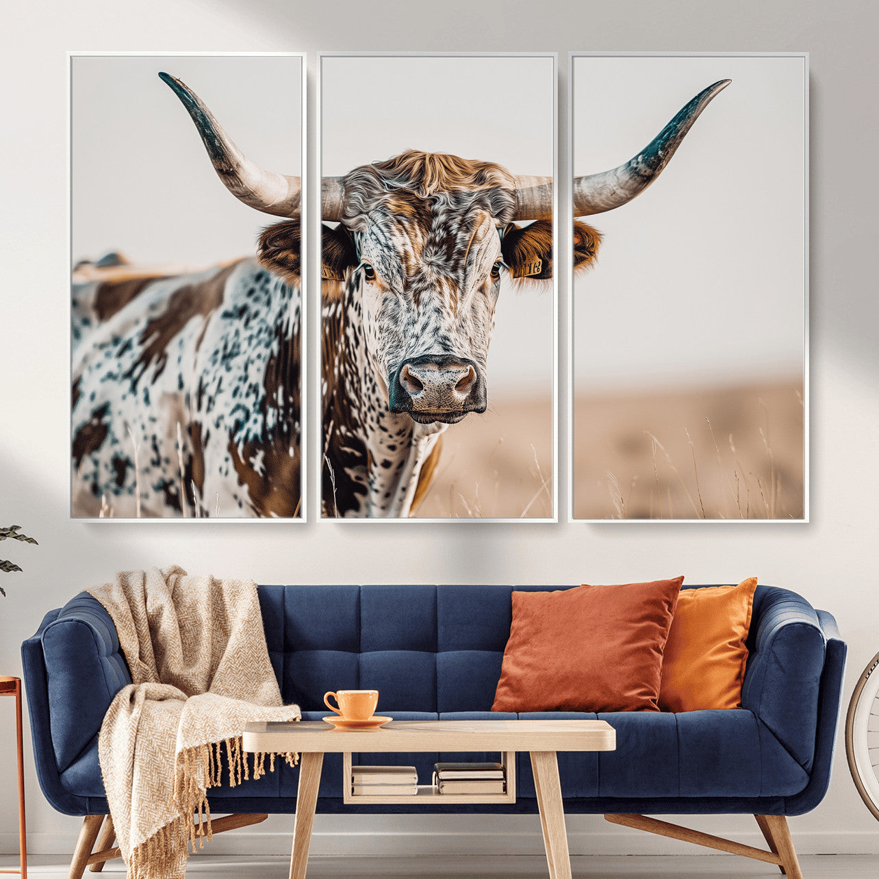 70414966-MGV-FC-48X32-3P - Majestic Longhorn Wall Art – Canvas Print of Strong Stance Intricate Fur & Sharp Horns Rustic Elegance & Timeless Wild Beauty Decor for Living Room, Office or Bedroom