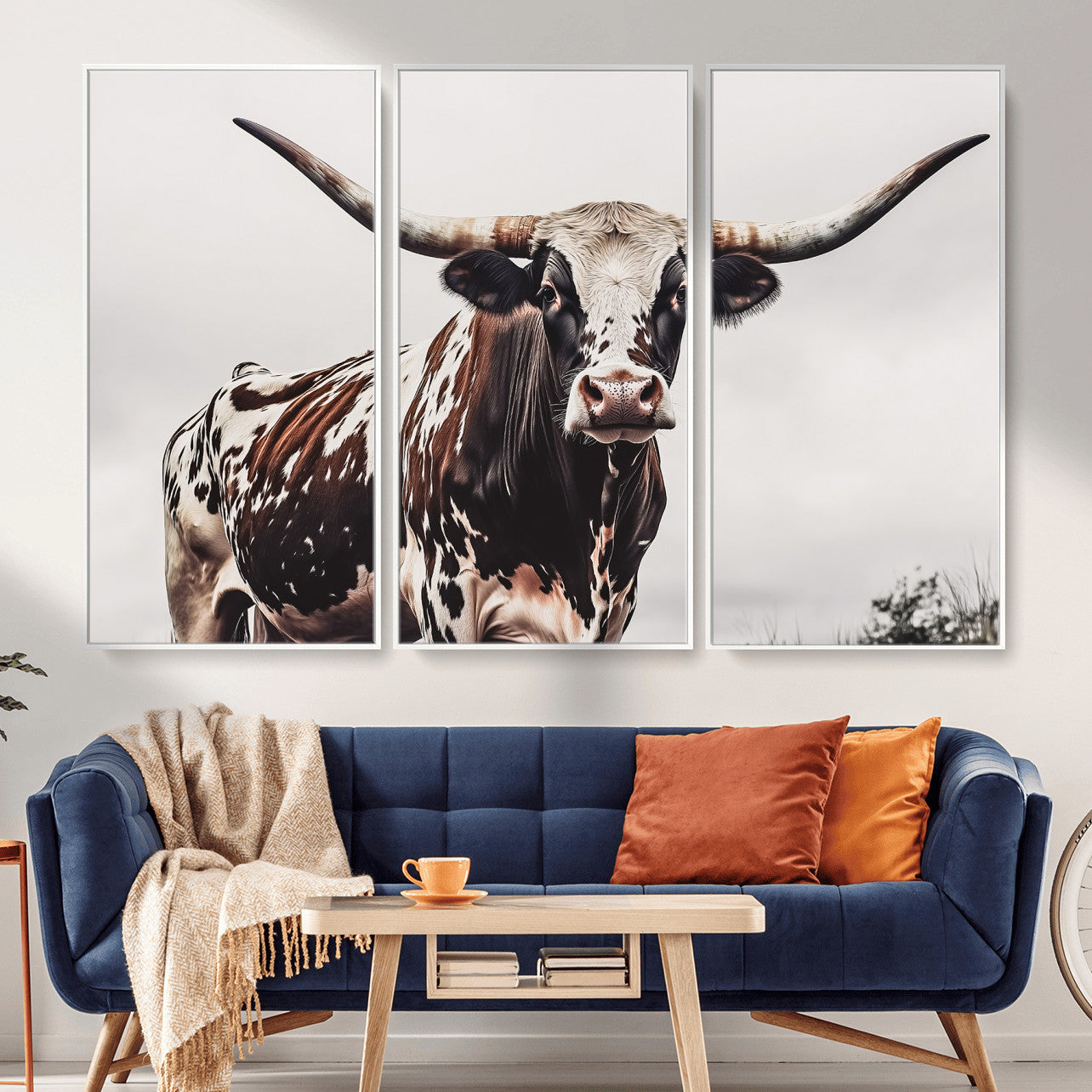 MGV-FC-48X32-3P - Texas Longhorn Wall Art Canvas Print, Framed Spotted Bull Art Picture Print, Horned Cattle Perfect Rustic Farmhouse Decor Artwork