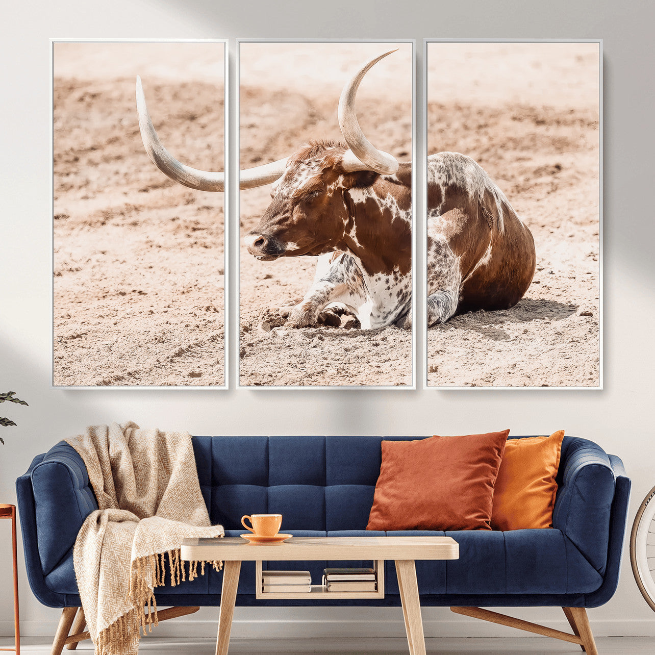 91248682-MGV-CV-36X24-Texas Longhorn Wall Art Canvas Print – Framed Resting Bull Scene with Spotted Cattle Artwork for Home, Office