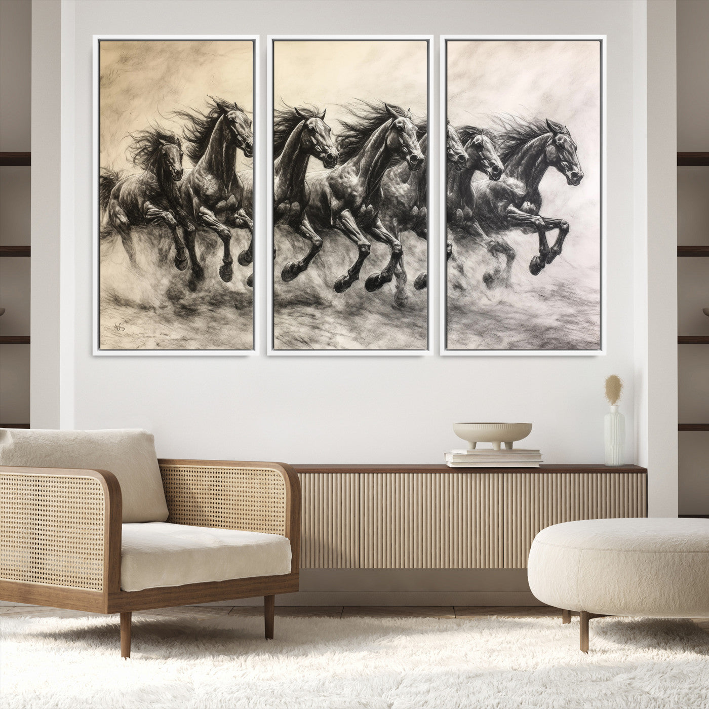 56089591-MGV-FC-48X32-3P-Galloping Horses Wall Art Canvas Print, Framed Wild Stallions Art Picture Print, Horse Herd Sketch
