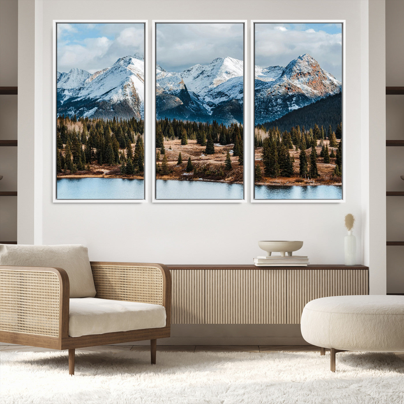 36247746-MGV-FC-48X32-3P-Snowy Peaks Wall Art Canvas Print, Framed Alpine Lake Art Picture Print, Pine Forest Perfect Alpine