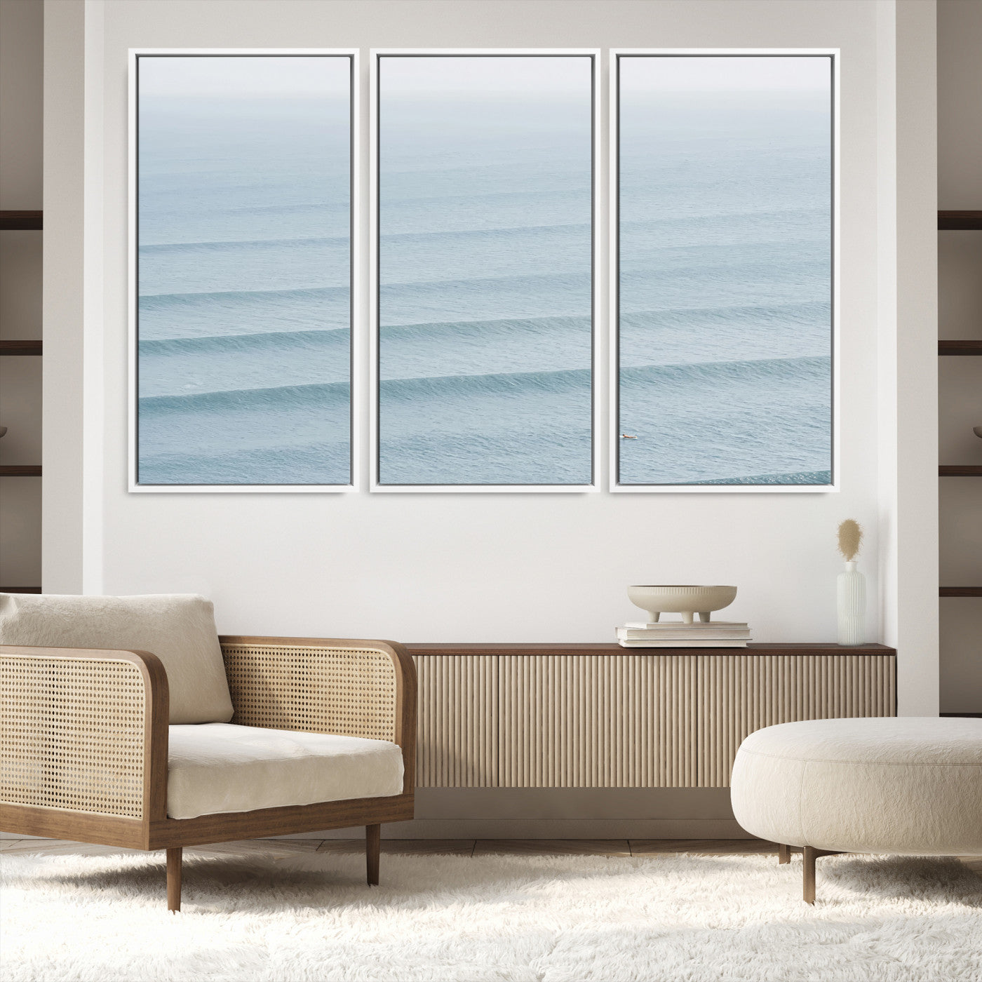 47814787-MGV-FC-48X32-3P-Ocean Waves Wall Art Canvas Print, Framed Solo Surfer Art Picture Print, Wave Lines Perfect