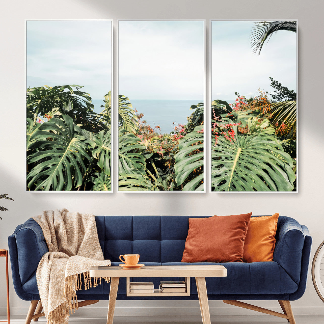 45700479-MGV-CV-36X24 - Tropical Greenery Wall Art – Exotic Leaves & Ocean View Canvas Print, Sunlit Paradise and Vibrant Nature for Living Room or Coastal Decor
