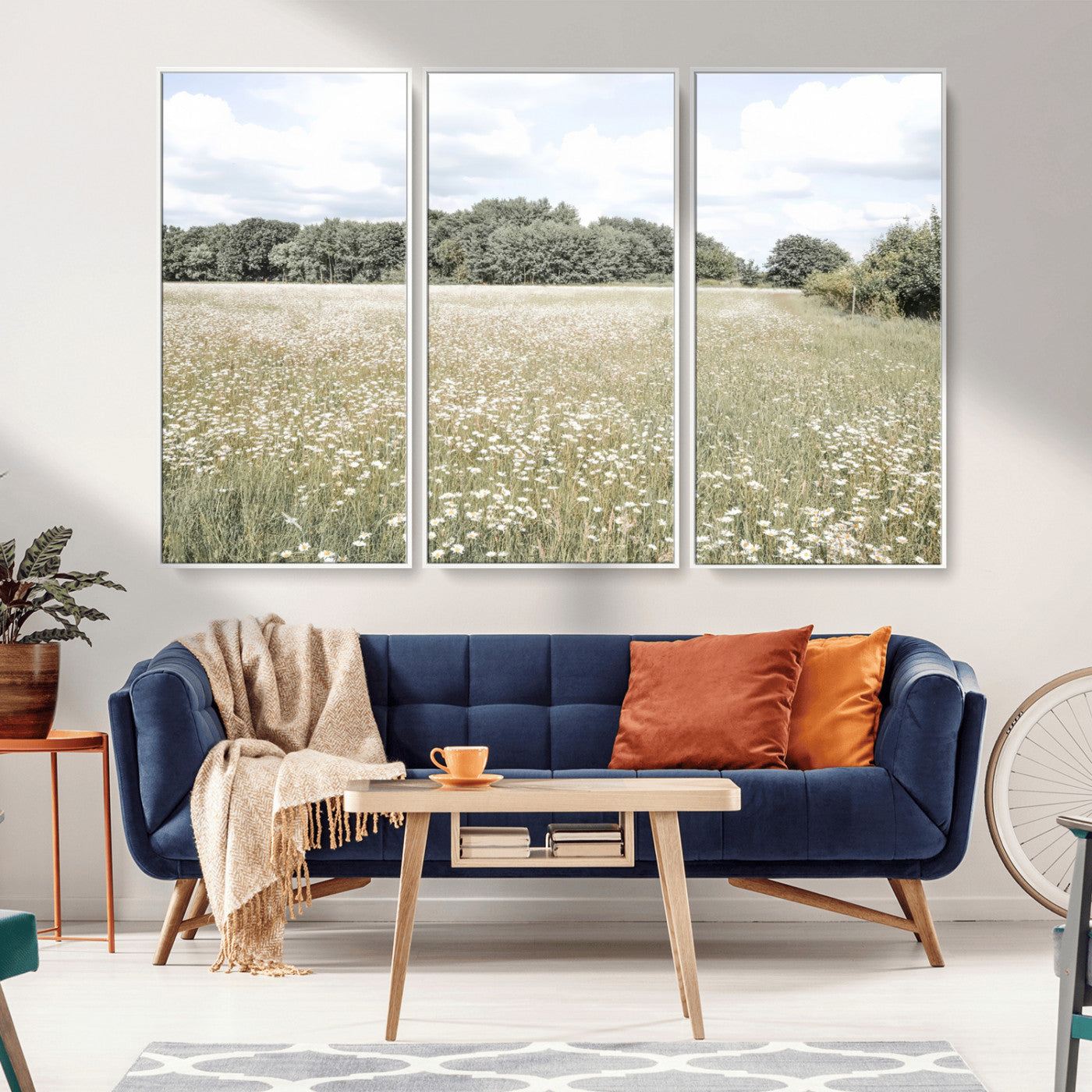 43258946-MGV-CV-36X24-Charming Daisy Field Wall Art Canvas Print – Framed Pastel Flower Meadow Bloom Scandinavian Minimal Artwork for Home Office