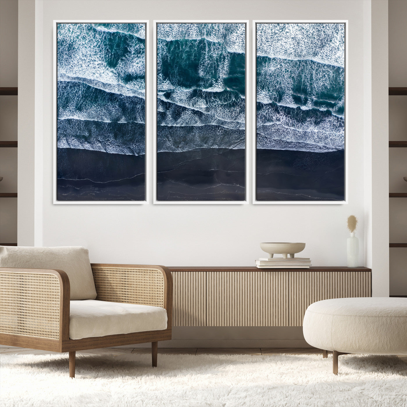 87941475-MGV-FC-48X32-3P-Black Beach Wall Art Canvas Print – Framed Aerial Ocean View Moody Coastal Seascape Nature Artwork for Home Office