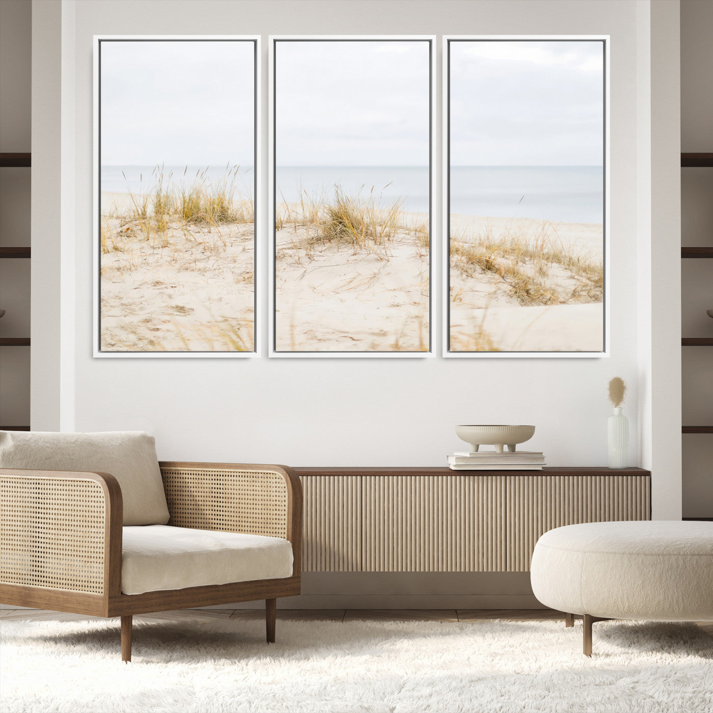 13146857-MGV-FC-48X32-3P-Beach Dunes Wall Art Canvas Print, Framed Coastal Grass Art Picture Print, Sand Perfect Minimalist