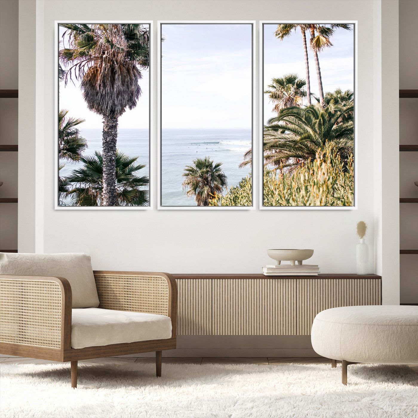 51404565-MGV-FC-48X32-3P-Coastal Palm Trees Wall Art Canvas Print – Framed Ocean Breeze Tropical Scene Artwork for Relaxing Home, Office Decor