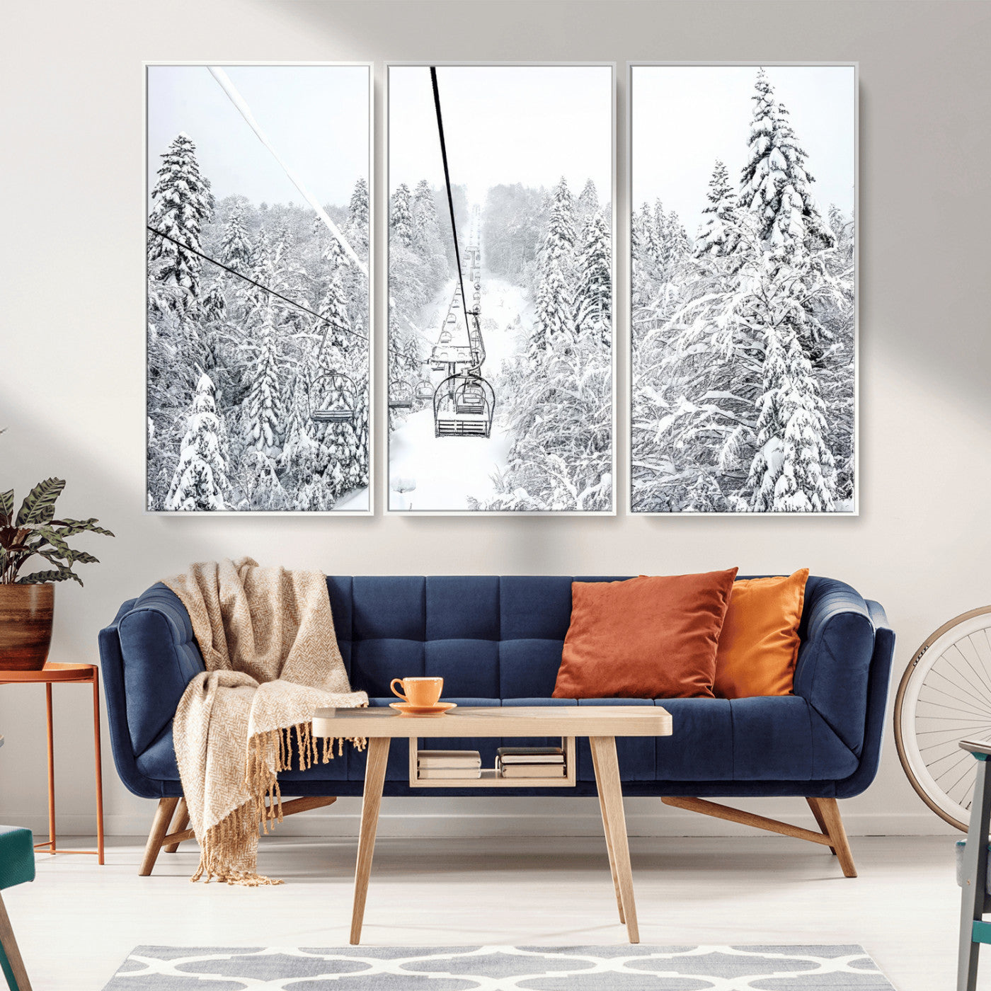 44705668-MGV-CV-36X24-Snowy Ski Lift Wall Art – Framed Winter Mountain Canvas Artwork, Serene Forest Design, Modern Nature Decor for Home, Office