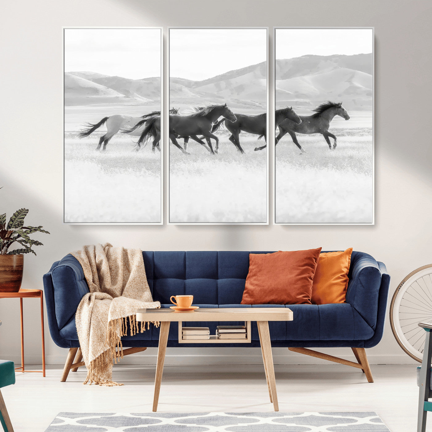 MGV-FC-48X32-3P - Wild Horses Wall Art – Black & White Canvas Print of Herd Running, Nature in Motion, Freedom & Beauty Decor for Guest Room, Office or Living Room
