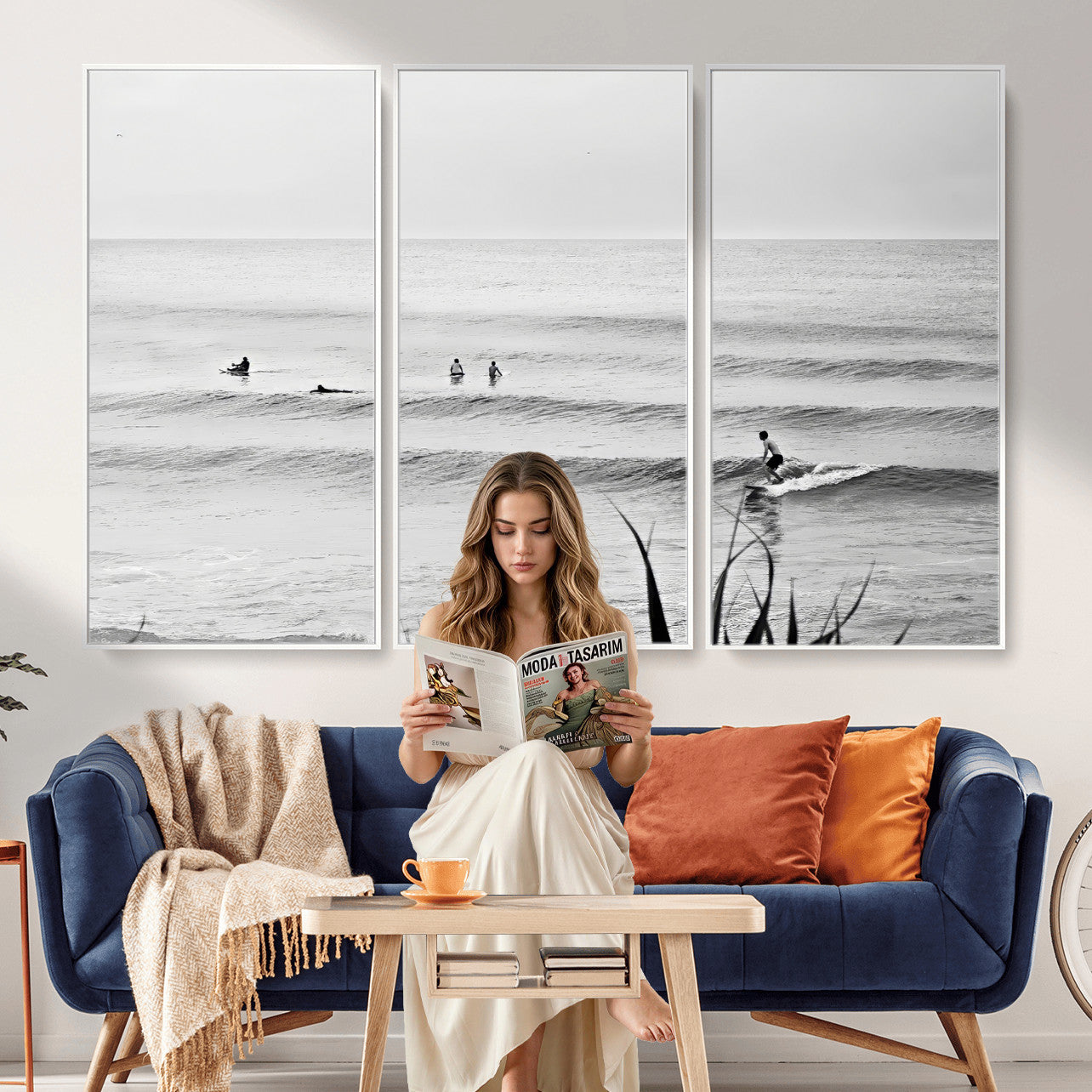 33821421-MGV-CV-36X24 - Surfer Silhouette Wall Art Canvas Print, Framed Calm Ocean Art Picture Print, Monochrome Surf Minimalist Coastal Decor Artwor