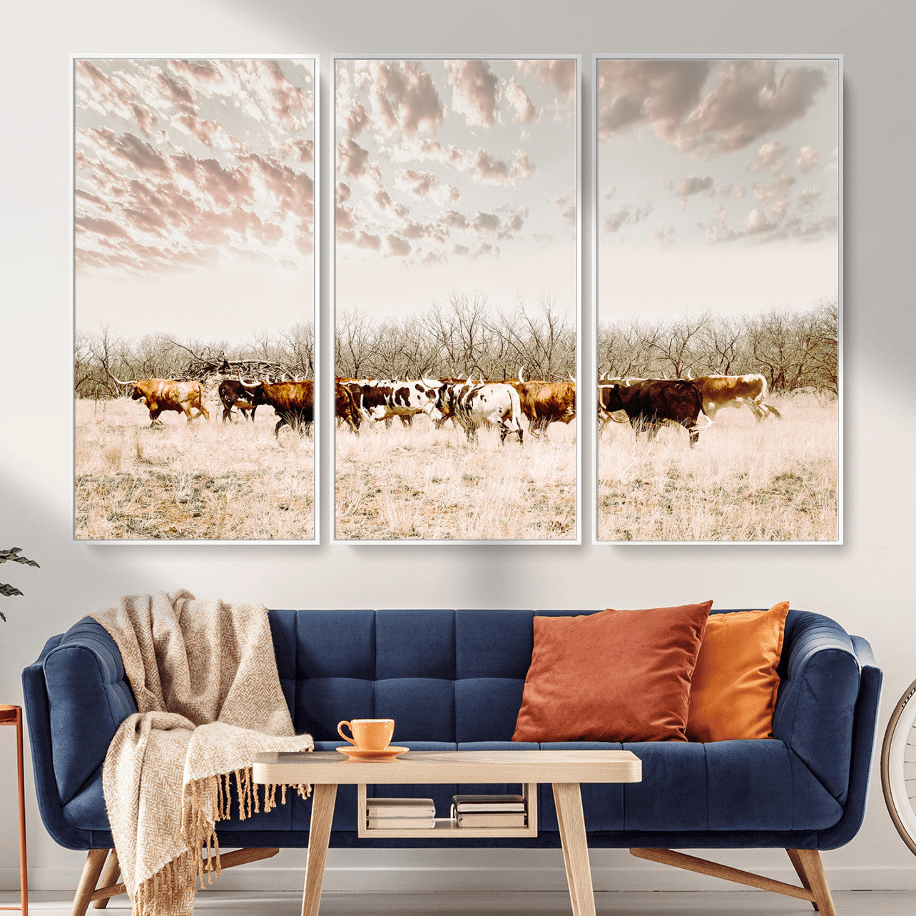 64892775-MGV-CV-36X24 - Longhorn Cattle Wall Art Canvas Print, Framed Texas Ranch Art Picture Print, Western Cow Perfect Western Decor Artwork