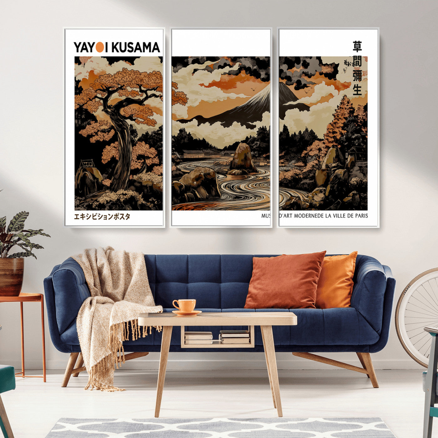 96372548-MGV-CV-36X24-Modern Japanese Wall Art Canvas Print – Framed Abstract Mount Fuji Scene with Yayoi Kusama Style Artwork for Home, Office