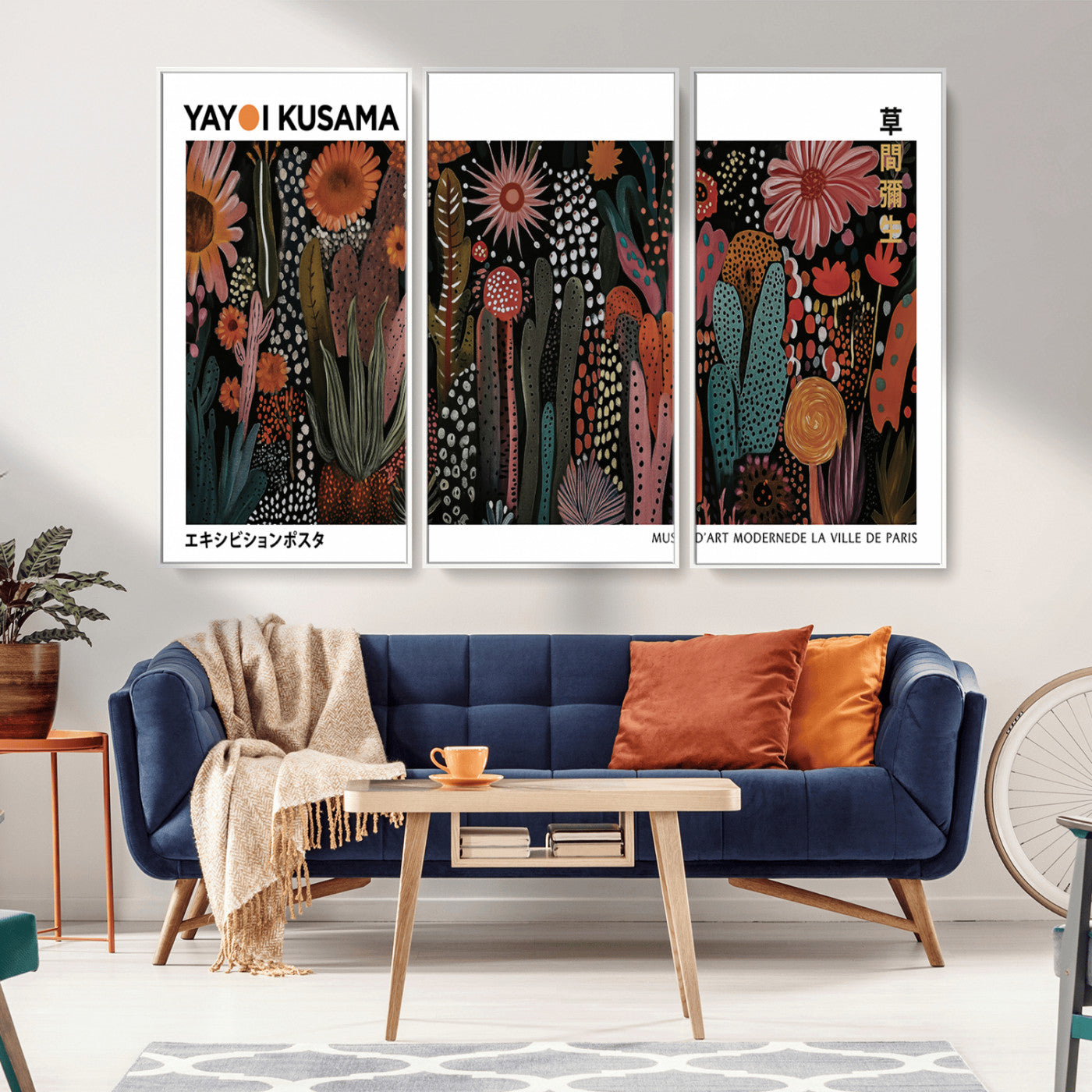 70632622-MGV-CV-36X24-Modern Japanese Wall Art Canvas Print – Framed Abstract Mount Fuji Scene with Yayoi Kusama Artwork for Home, Office