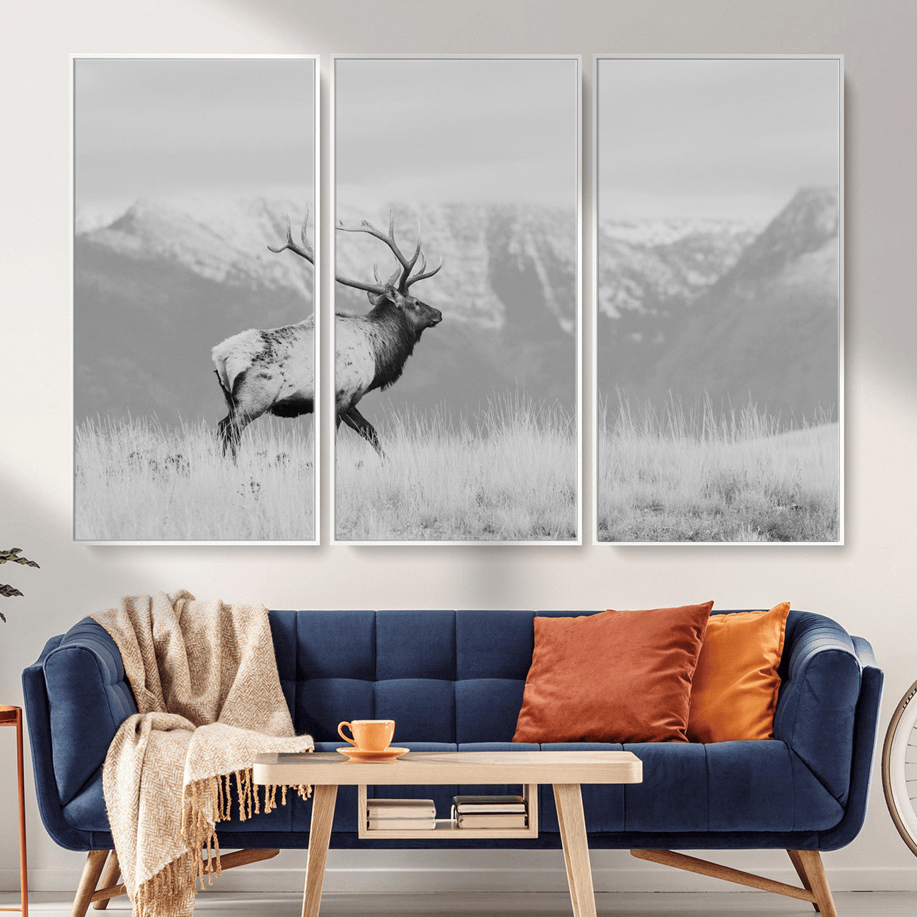 36150391-MGV-FC-48X32-3P - Wall Art Canvas Print – Majestic Elk Black & White Wilderness, Scenic Mountain and Grassland Landscape, Wildlife Nature Decor for Home or Office