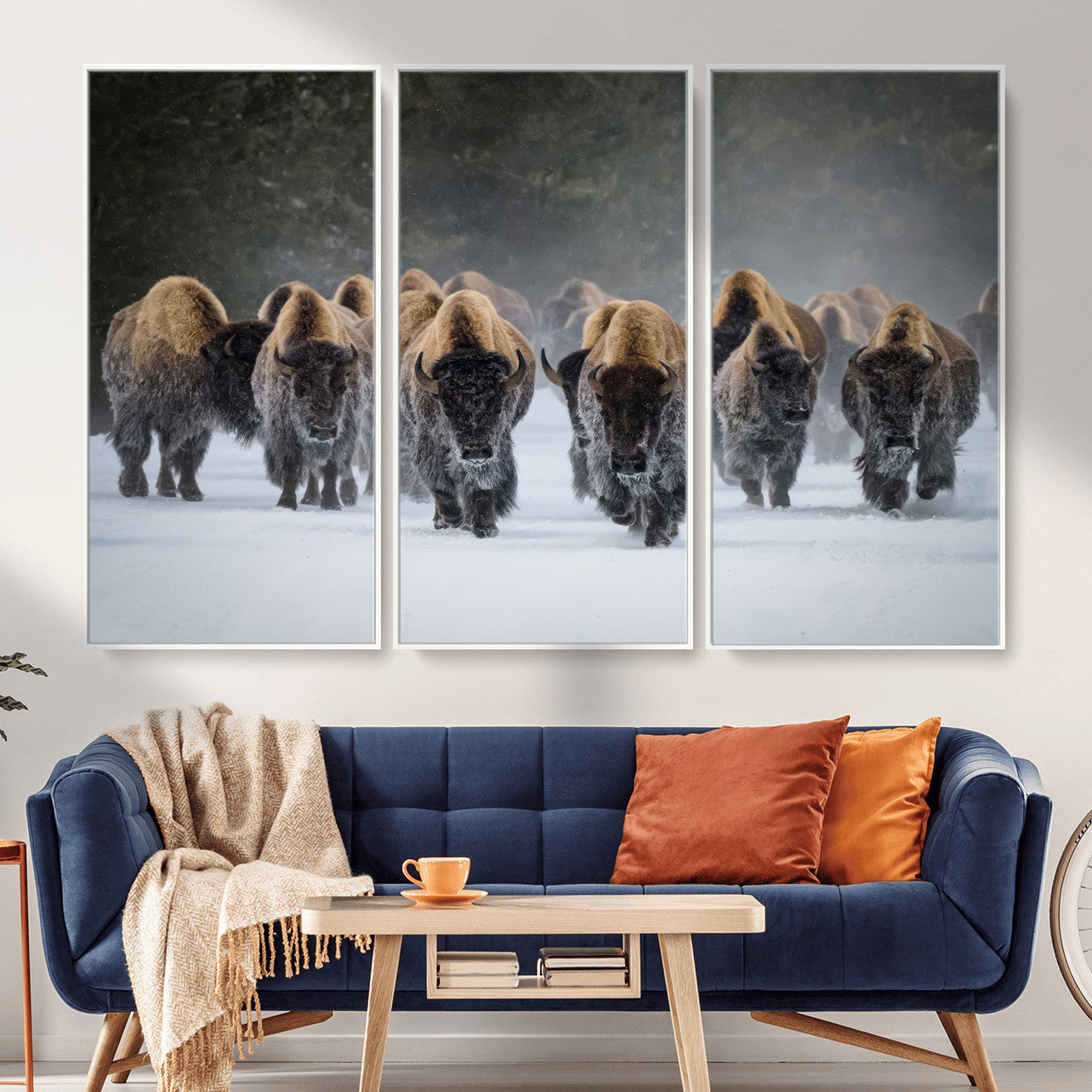 41669135-MGV-CV-36X24 - Winter Bison Herd Wall Art – Majestic Buffalo Charge Canvas Print with Snow Covered Plains, Rustic Wildlife Strength and Untamed Nature Decor for Home and Office