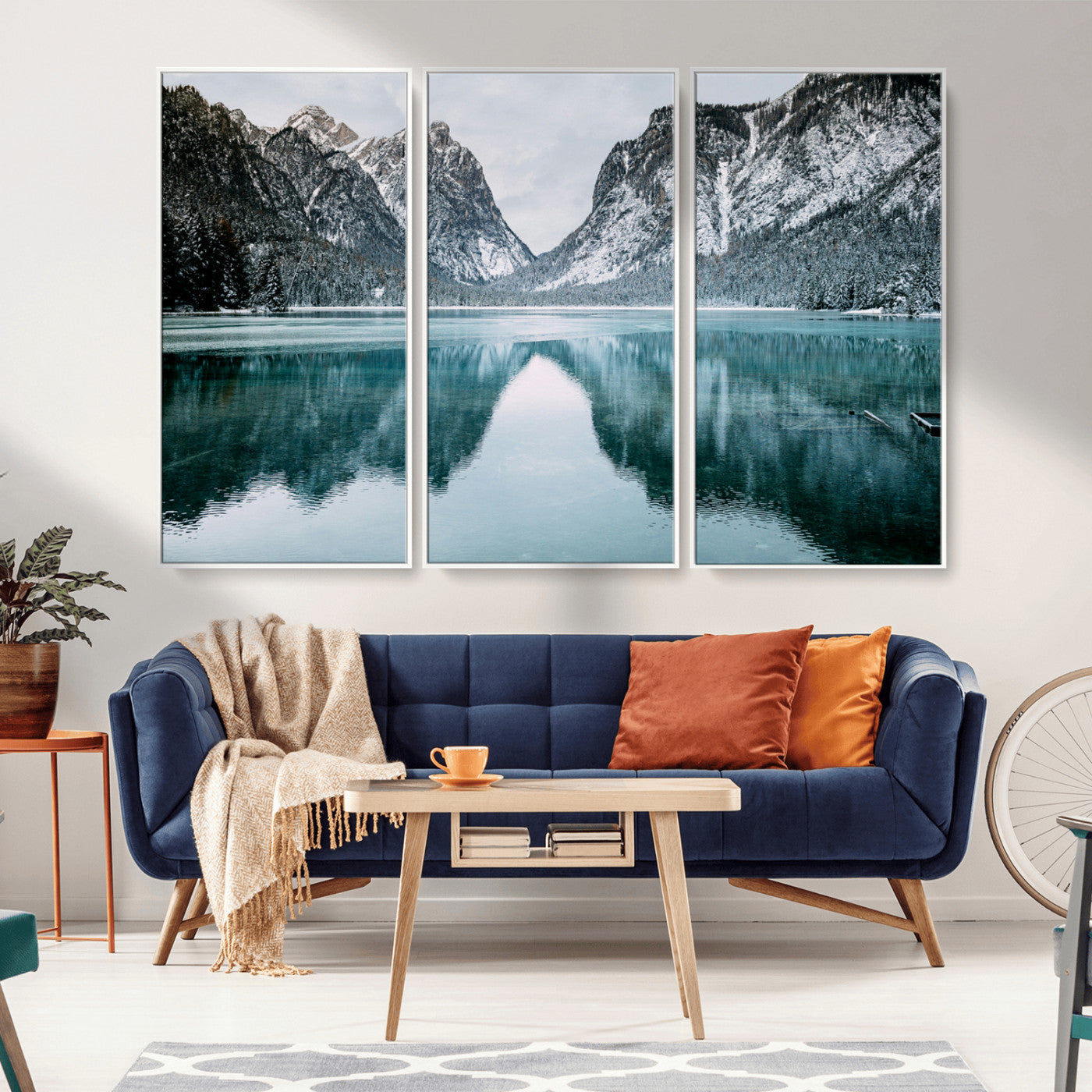 73098373-MGV-CV-36X24-Mountain Lake Wall Art Canvas Print – Framed Snowy Peaks Wonderland Nature Scene Artwork for Home Office