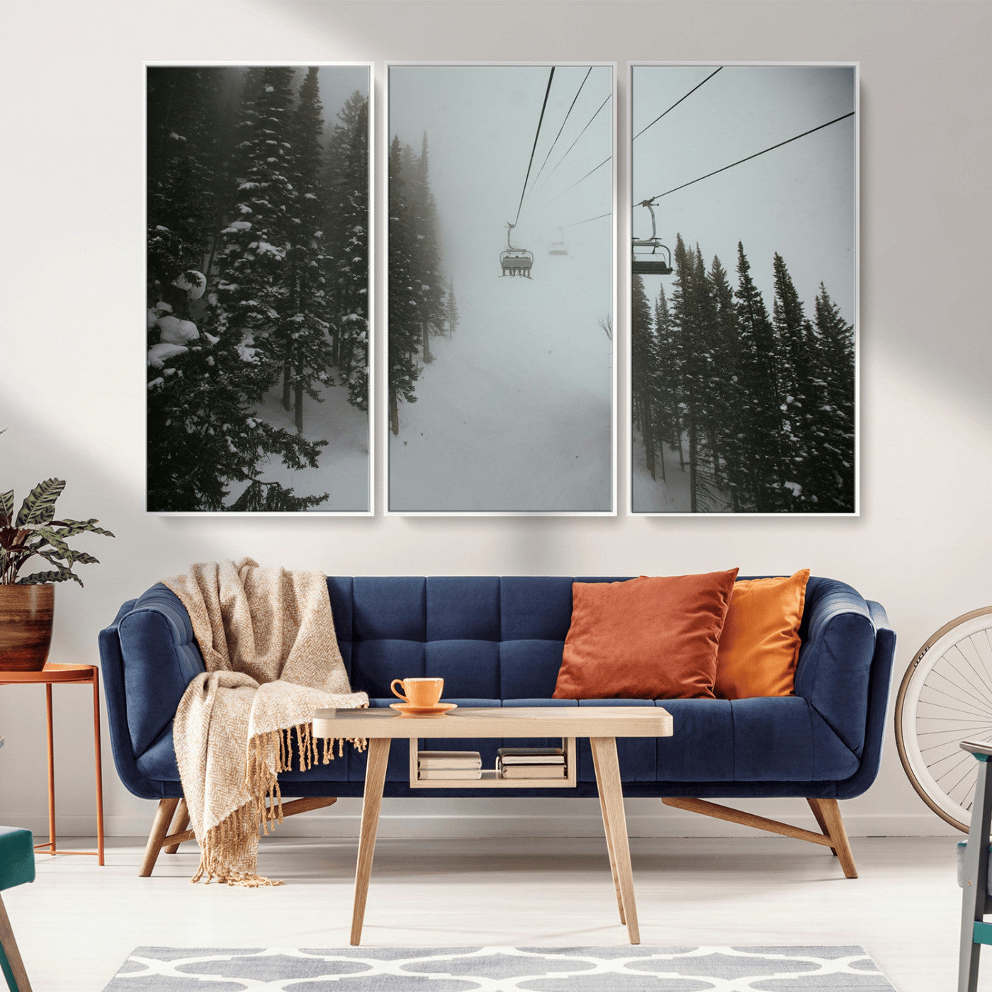 -Ski Lift Wall Art Canvas Print – Snowy Pines Misty Landscape Winter Serenity Artwork for Home, Office Decor