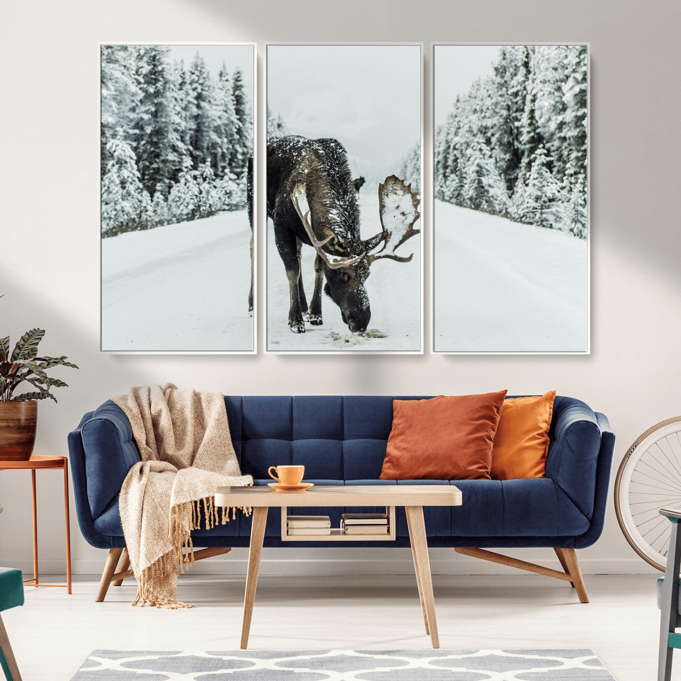 -Moose Snow Wall Art Canvas Print – Framed Winter Wildlife Snowy Forest Nature Scene Artwork for Home, Office, Living Room