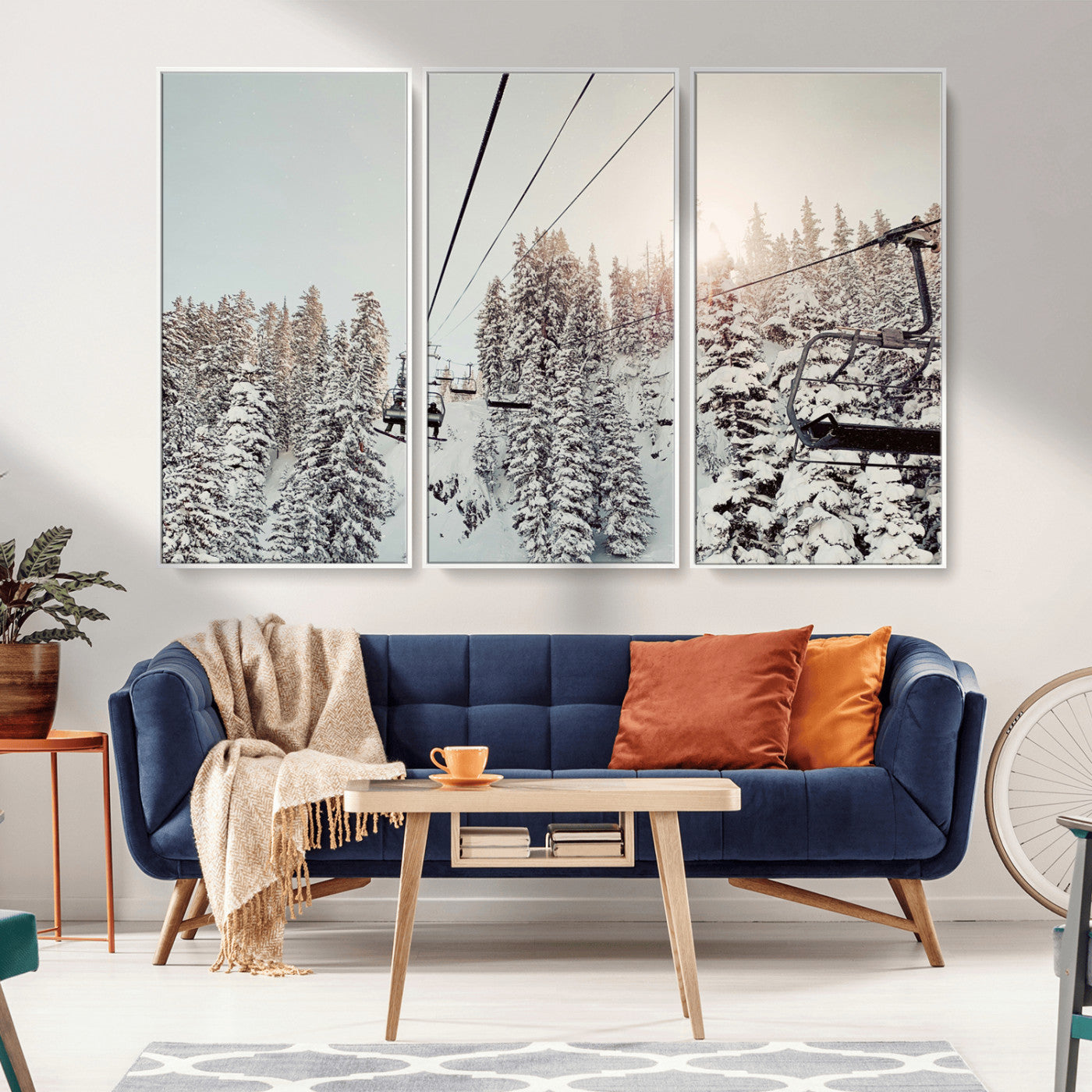 91534512-MGV-CV-36X24-Frosty Pines Wall Art Canvas Print – Framed Cozy Cabin Ski Lift Ride Winter Scene Artwork for Home Office