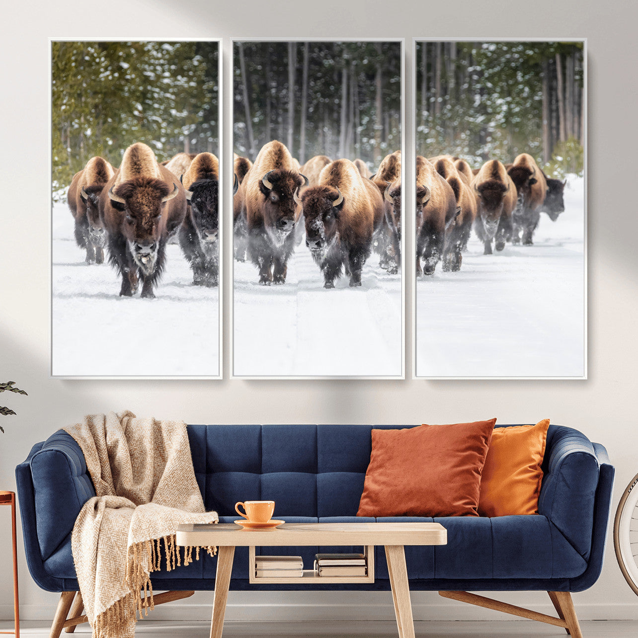 96906195-MGV-FC-48X32-3P - American Bison Herd Snow Canvas Wall Art – Powerful Winter Wildlife Print of Buffalo Motion, Rustic Lodge or Western Cabin Decor for Living Room, Office