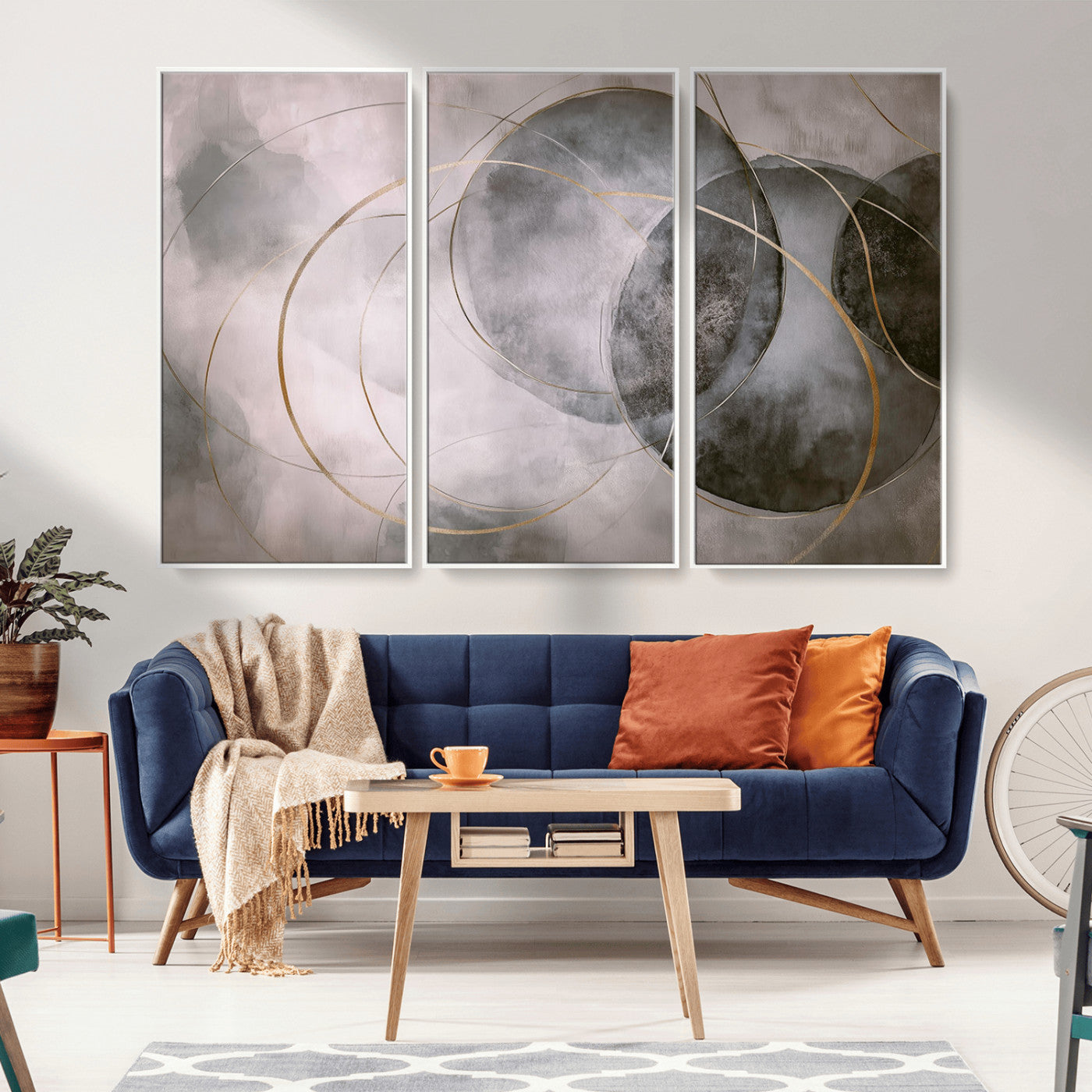 20066876-MGV-CV-36X24-Abstract Grey Gold Circle Wall Art – Modern Geometric Canvas Artwork, Minimal Elegant Design, Luxury Wall Decor for Home, Office
