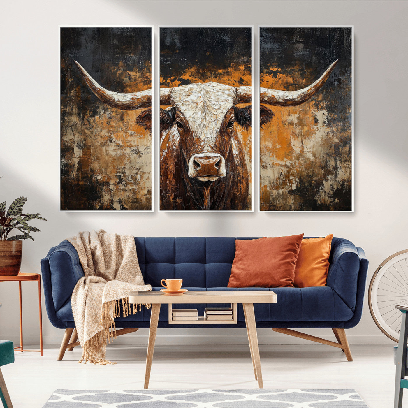 25265572-MGV-CV-36X24-Rustic Longhorn Bull Wall Art Canvas Print – Vintage Western Cattle Scene, Texas Steer Artwork for Home, Office