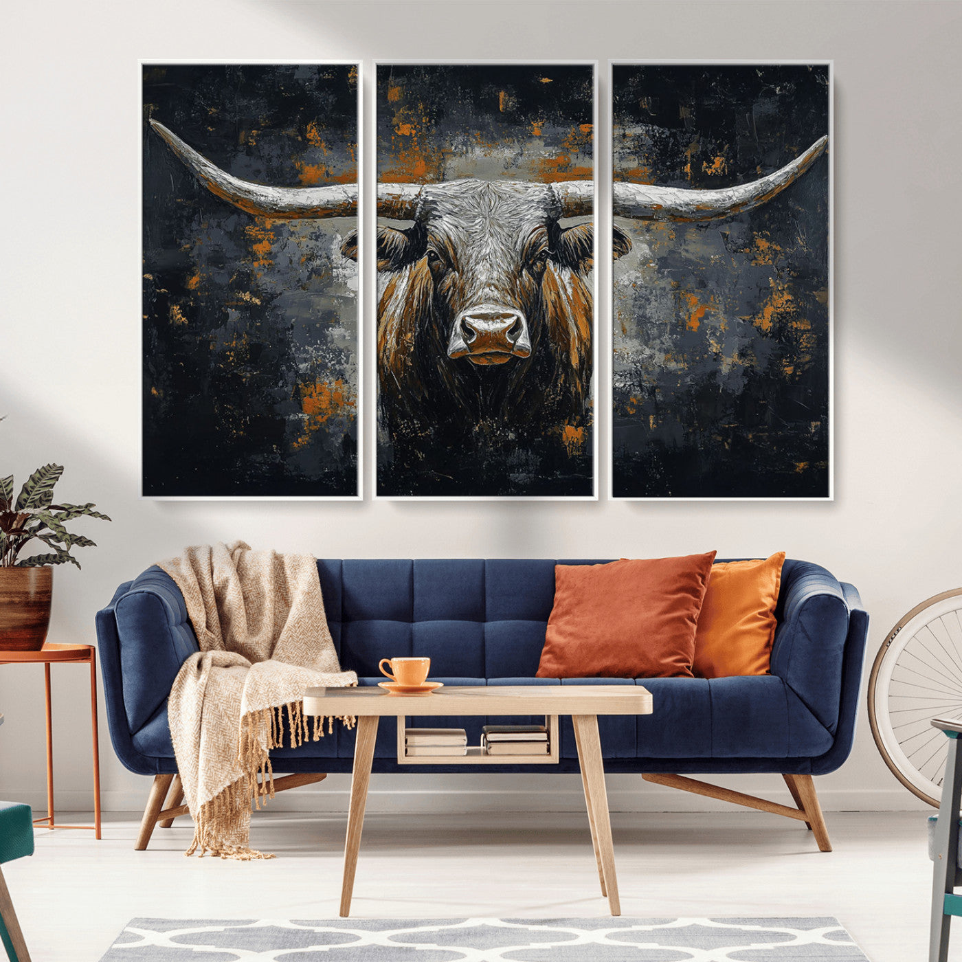 93195031-MGV-CV-36X24-Rustic Longhorn Bull Wall Art Canvas Print – Vintage Western Cattle Scene, Texas Steer Artwork for Home, Office