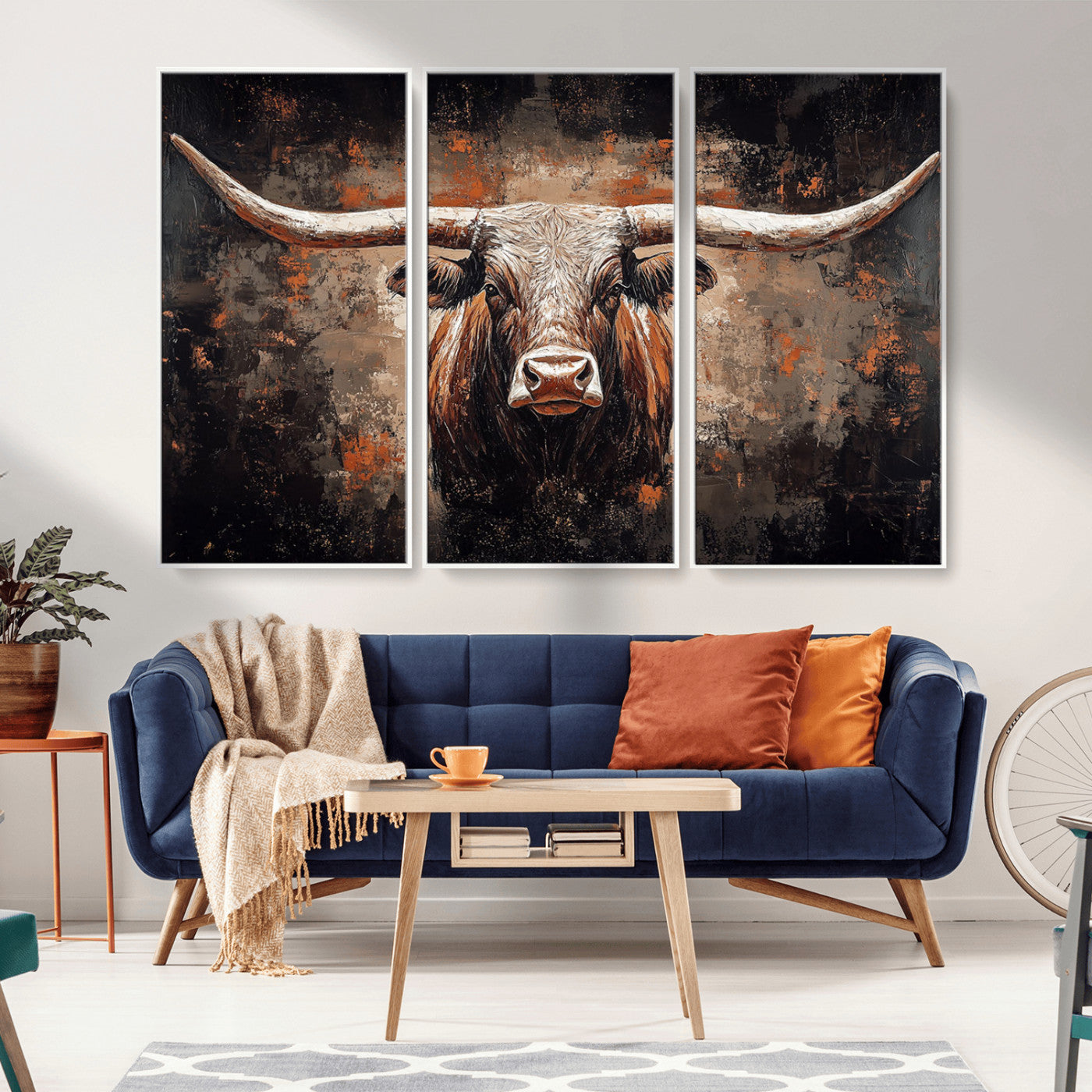 24779067-MGV-CV-36X24-Rustic Longhorn Bull Wall Art Canvas Print – Vintage Western Cattle Scene, Texas Steer Artwork for Home, Office