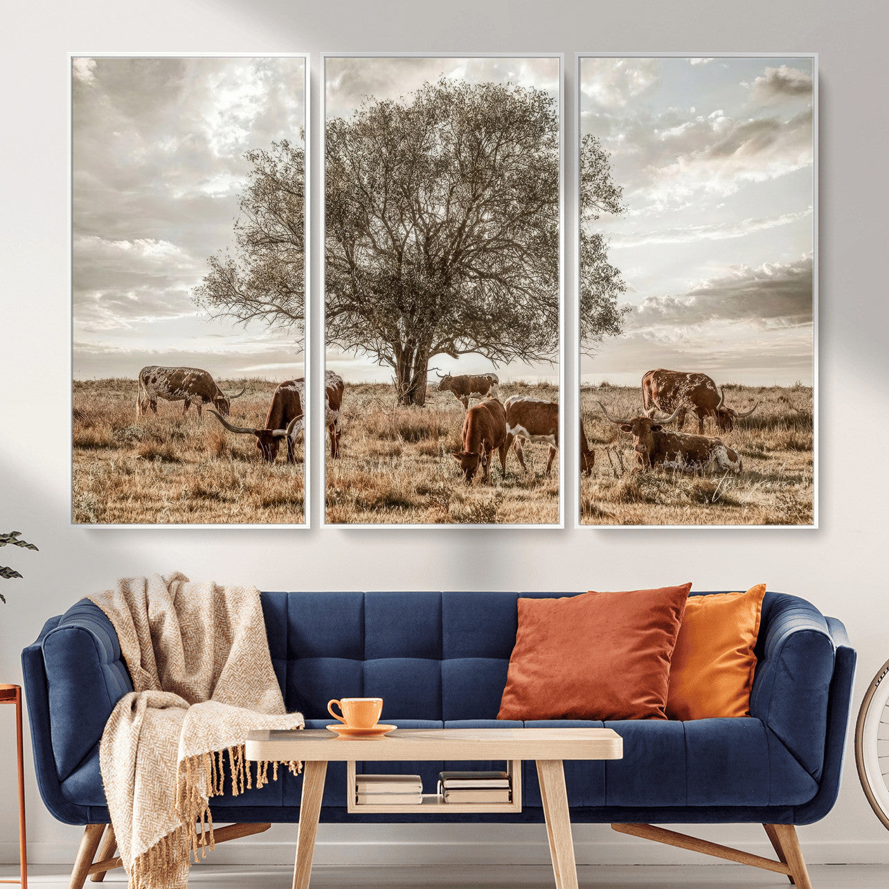 87590224-MGV-CV-36X24 - Texas Longhorn Cattle Wall Art Canvas Print – Rustic Western Ranch Scene with Steers at Sunset, Perfect for Farmhouse or Cowboy Decor