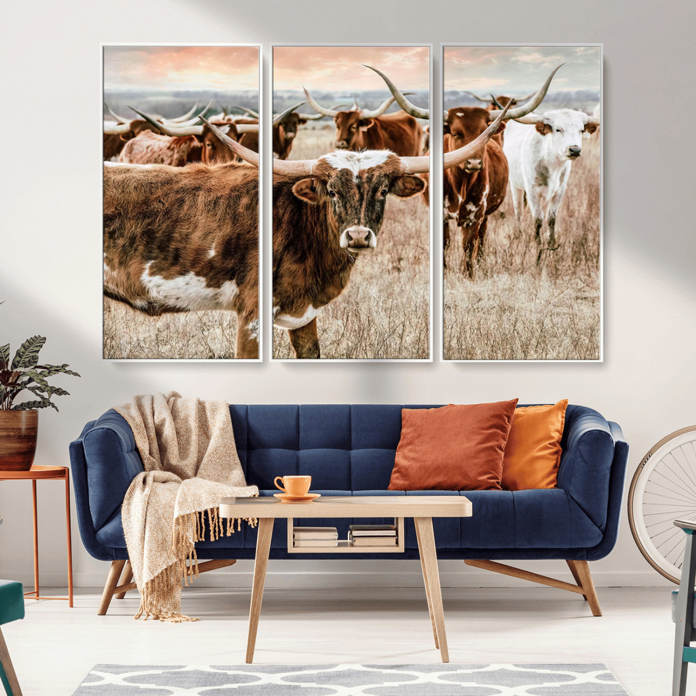 -Texas Longhorn Cattle Wall Art Canvas Print – Rustic Western Ranch Scene with Steers Sunset for Home, Office