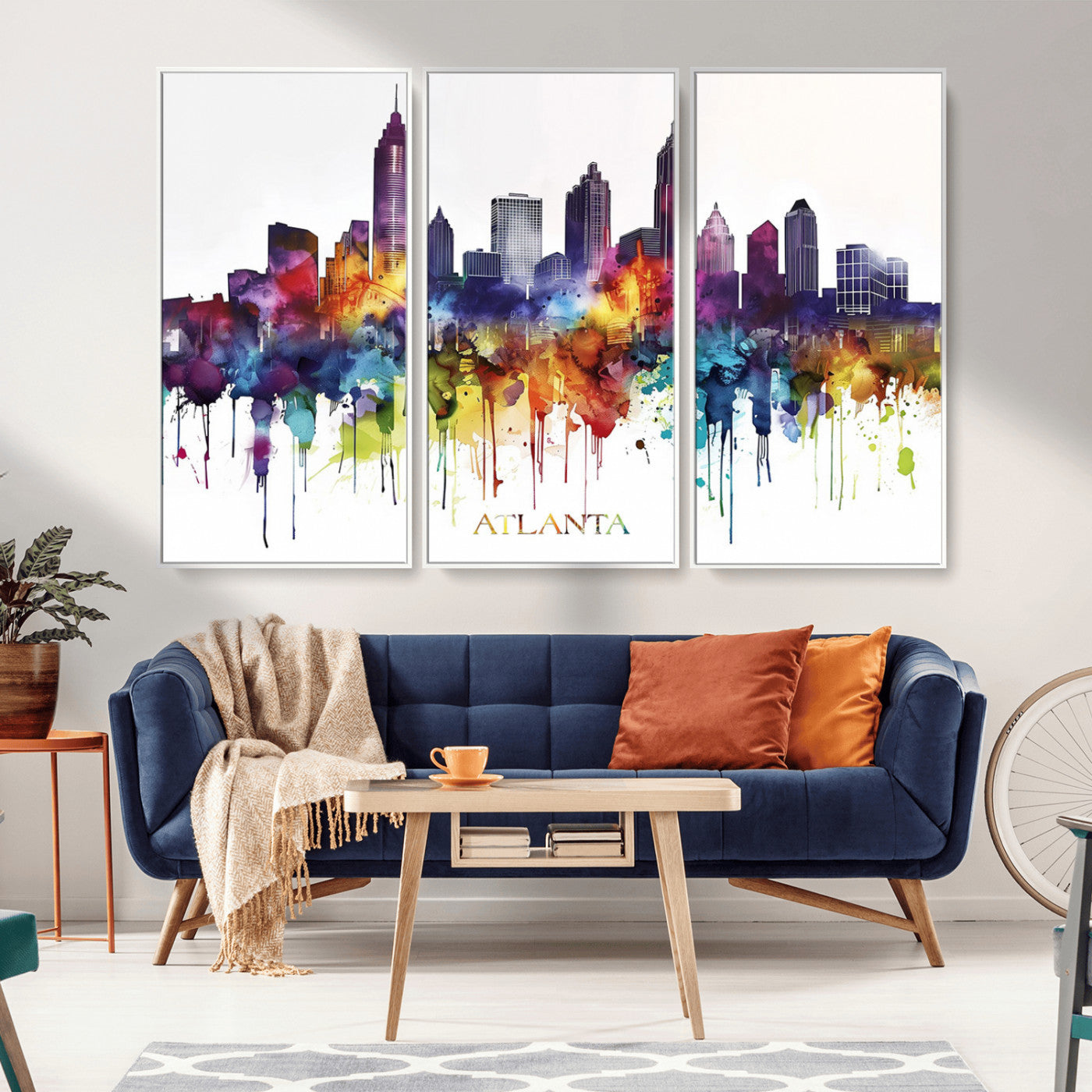 36048320-MGV-CV-36X24-Atlanta Skyline Wall Art Canvas Print – Framed Colorful Watercolor Cityscape Abstract Urban Artwork for Home, Office