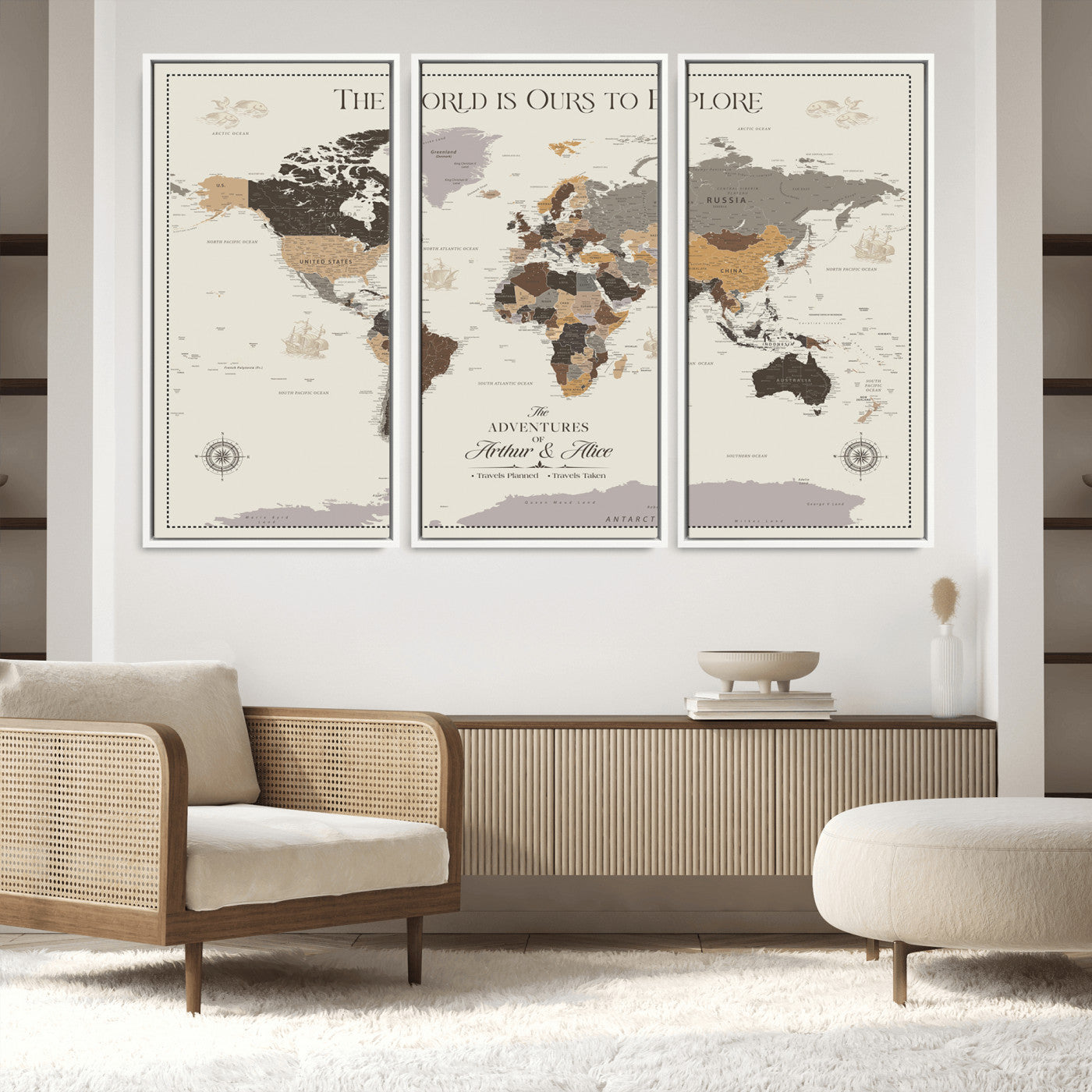 -Personalized World Map Canvas Custom Framed Push Pin Travel Tracker Contemporary Wall Art Gift Couples Explorers Home Office