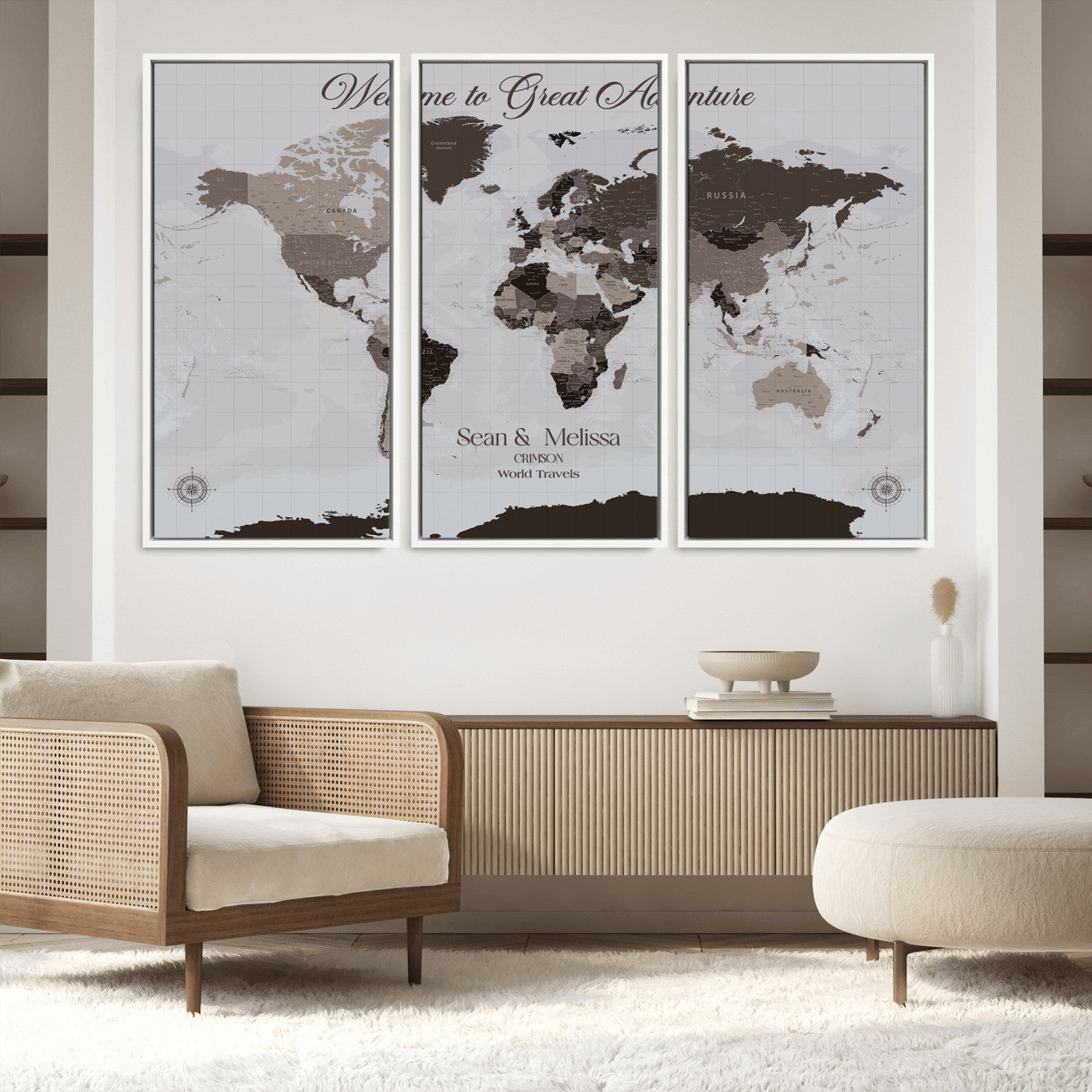 -Personalized Gray Brown World Map Canvas Custom Framed Push Pin Travel Tracker Modern Neutral Wall Art Gift Couples for Home, Office