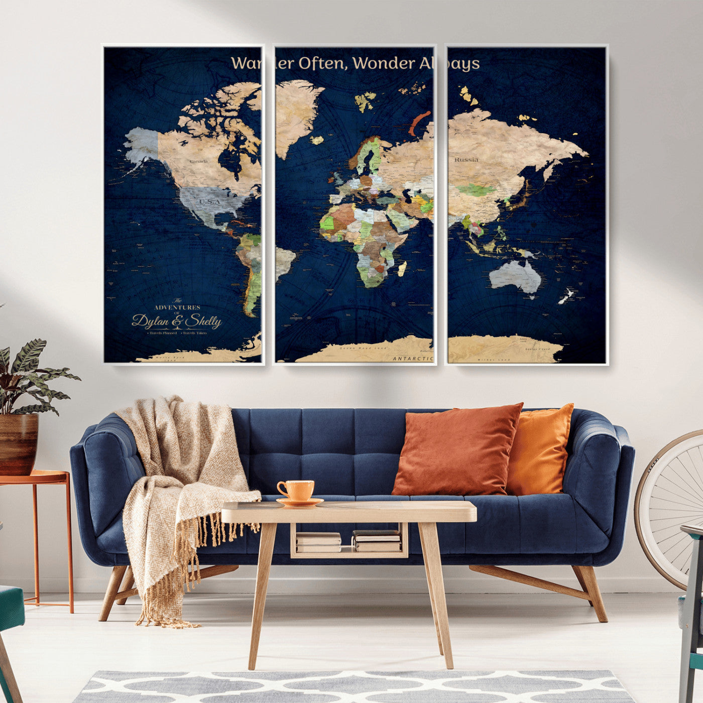 Rehber01-MGV-CV-36X24-Personalized World Map Canvas – Custom Framed Push Pin Travel Map Wall Art, Navy Blue Vintage Gift for Couples and Adventurers
