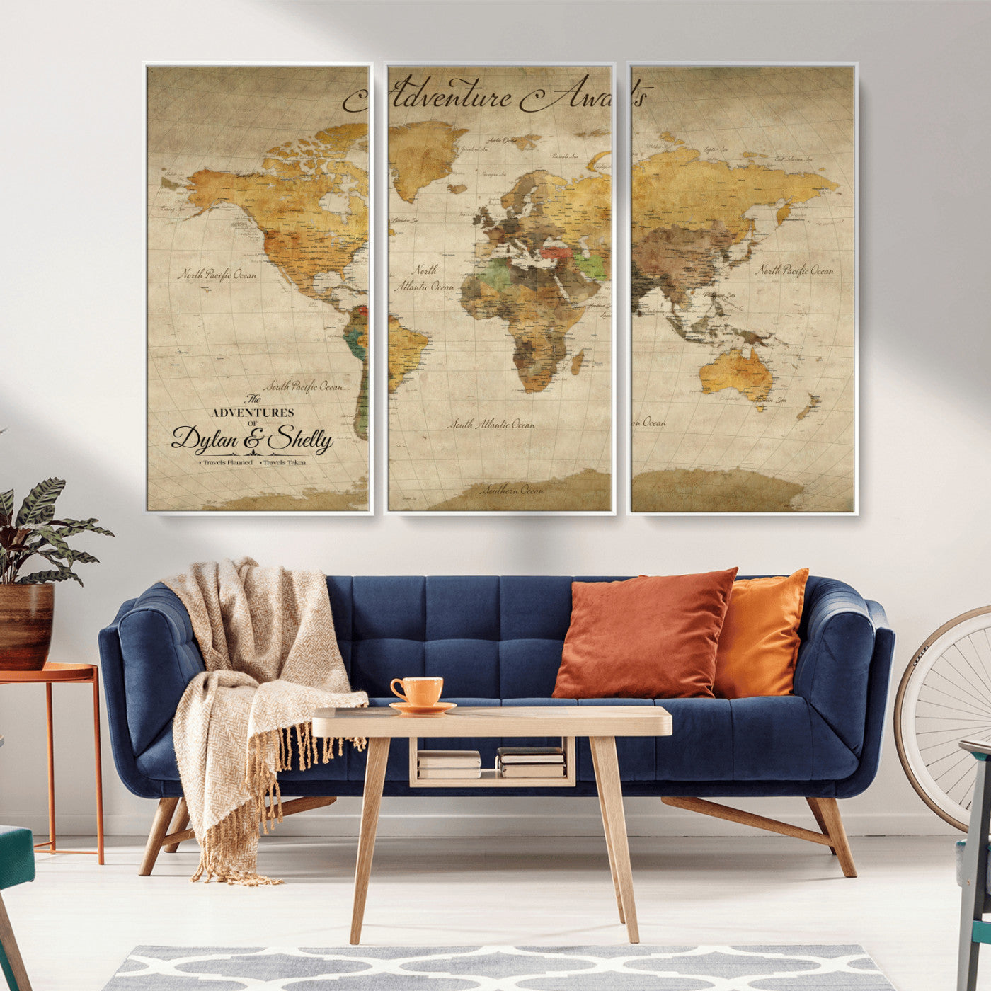 Rehber01-MGV-CV-36X24-Personalized World Map Canvas – Custom Framed Push Pin Travel Map Wall Art, Rustic Vintage Gift for Couples and Travel Lovers