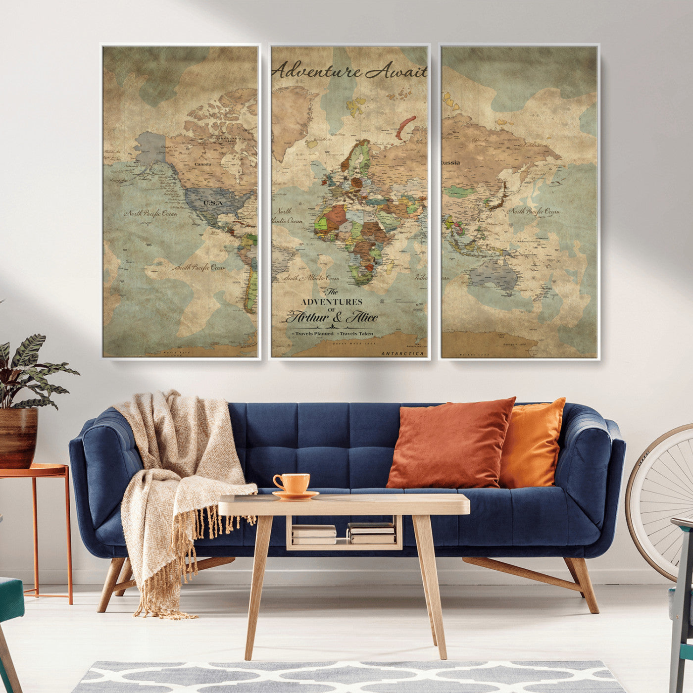 Rehber01-MGV-CV-36X24-Personalized Vintage World Map Canvas Print – Custom Push Pin Travel Map Antique Style Gift for Couples Travelers for Home Office
