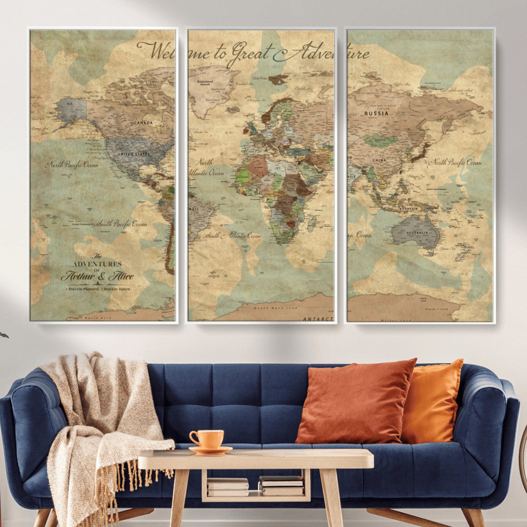 Rehber01-MGV-CV-36X24-Personalized World Map Canvas – Custom Framed Push Pin Travel Map Wall Art, Vintage Style Gift for Couples or Families