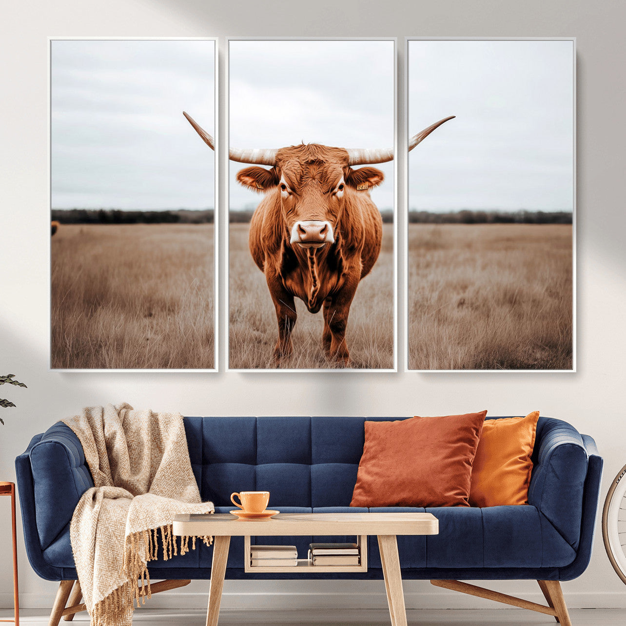 16316734-MGV-FC-48X32-3P - Longhorn bull, open field, rustic charm, natural beauty, Wall Art Canvas Print, countryside,
