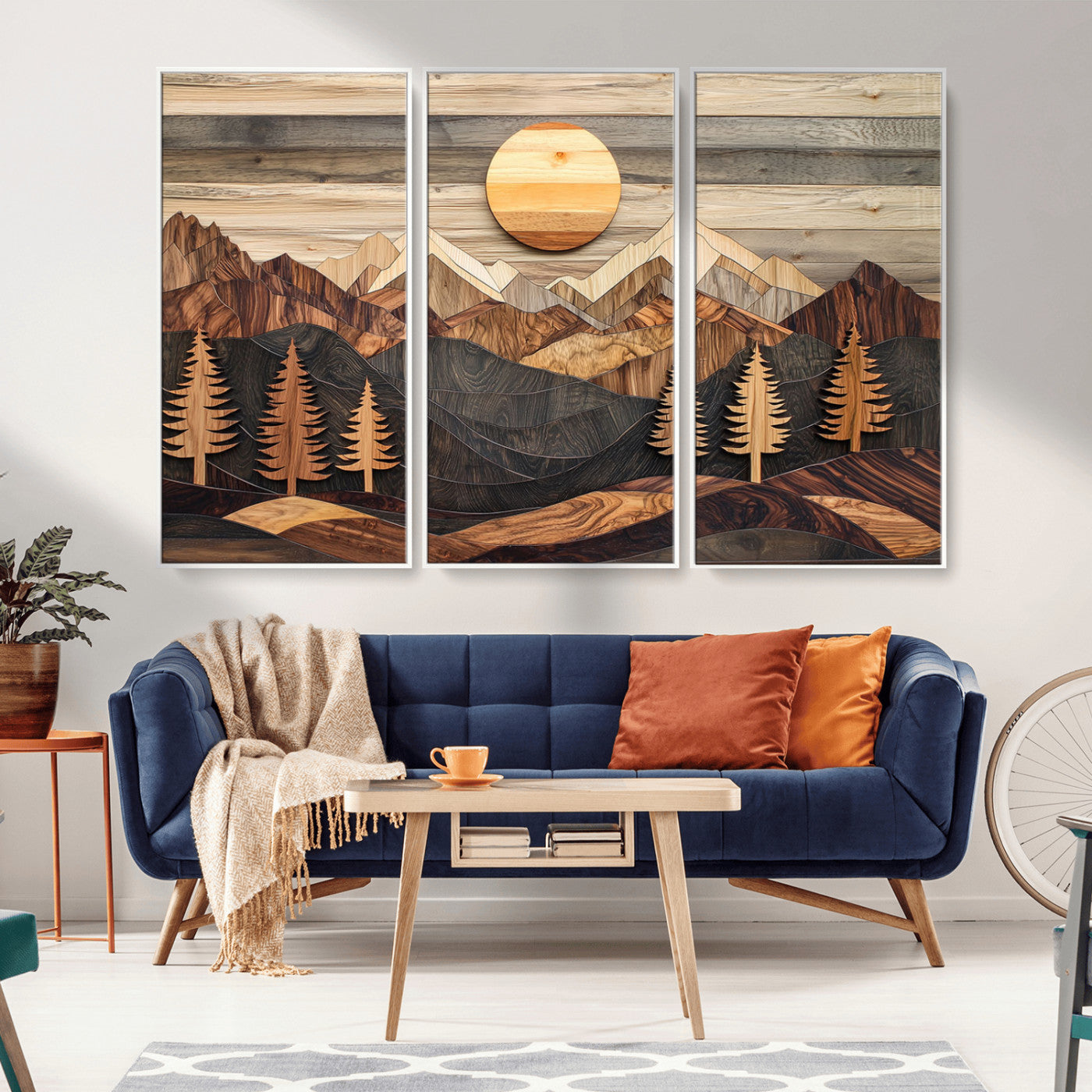 MGV-FC-48X32-3P - Wooden Mountain Layers Canvas Wall Art – Rustic Pine Tree Landscape with Sunlight Artistic Nature