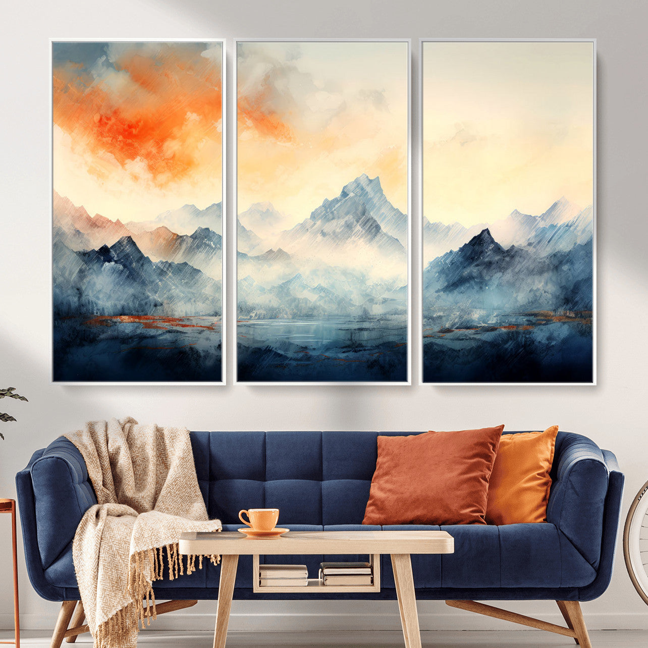 WRM1005-MGV-FC-48X32-3P - Warm Clouds Abstract Mountain Wall Art, Modern Landscape Canvas Print, Minimal Framed Artwork for Home, Office