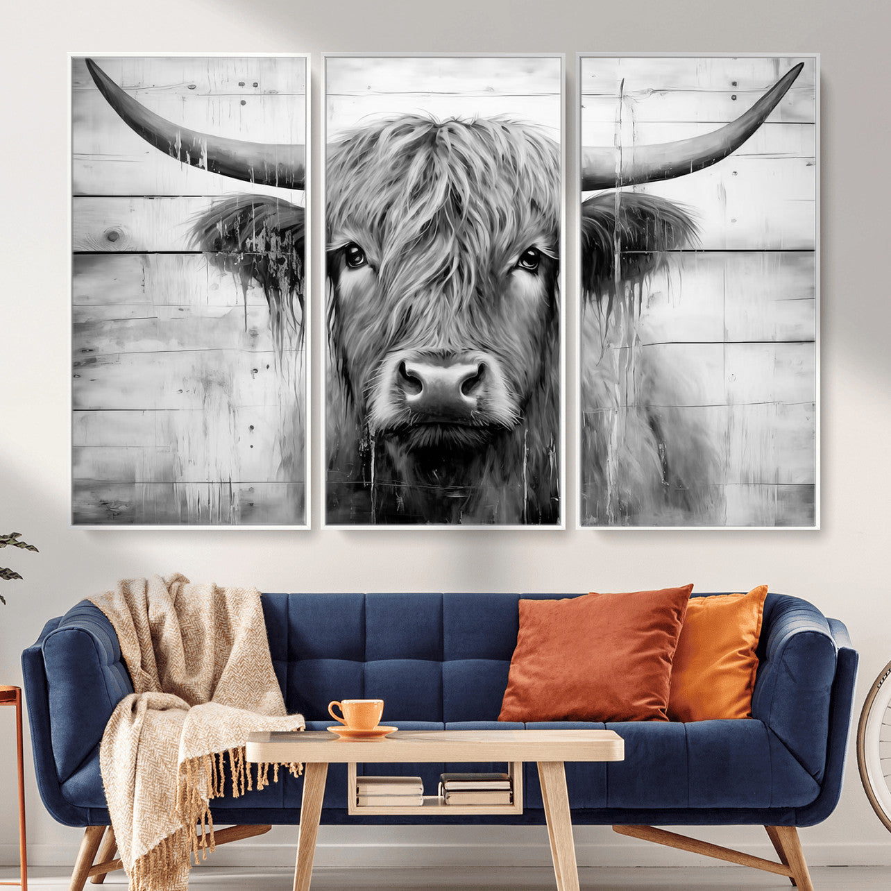 1001HASAN27-MGV-FC-48X32-3P - Black White Highland Cow Wall Art Canvas Print