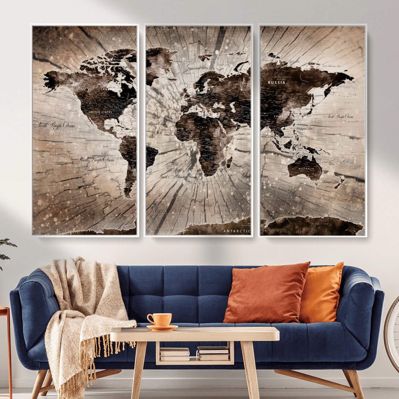 35326624-MGV-FC-48X32-3P - World Map Wall Art Canvas Print, Modern Decorative Framed Map Artwork Prints for Living Room, Office, Bedroom Wall Decor