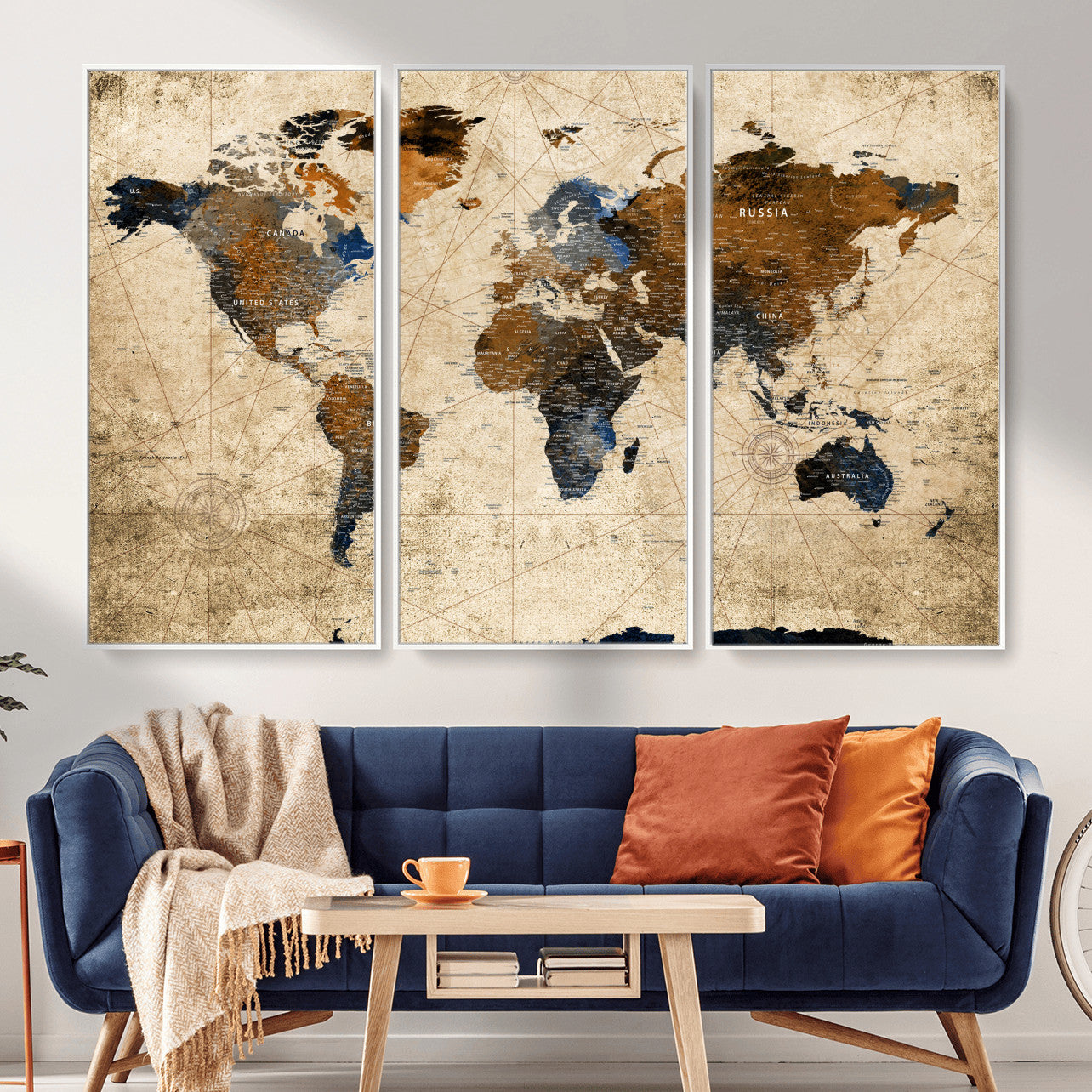 56297284-MGV-FC-48X32-3P - World Map Wall Art Canvas Print, Modern Decorative Framed Map Artwork Prints for Living Room, Office, Bedroom Wall Decor