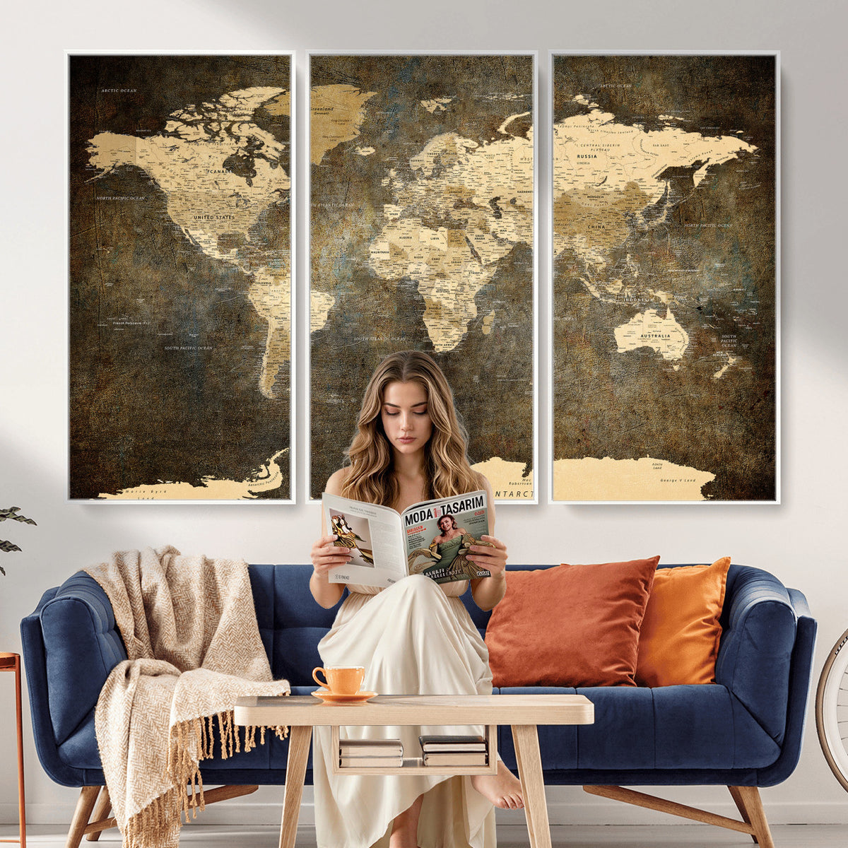 89742472-MGV-CV-36X24 - Large Framed Vintage World Map Wall Art Print for Home Wall