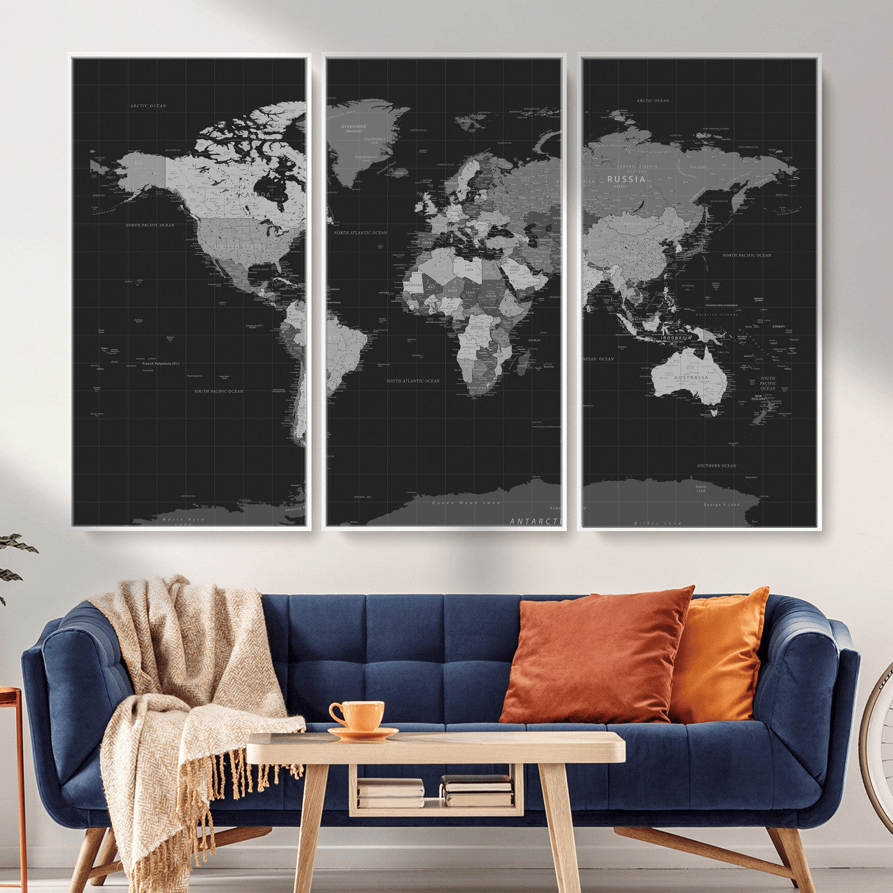 46160121-MGV-CV-36X24 - World Map Wall Art Canvas Print, Modern Decorative Framed Map Artwork Prints for Living Room, Office, Bedroom Wall Decor