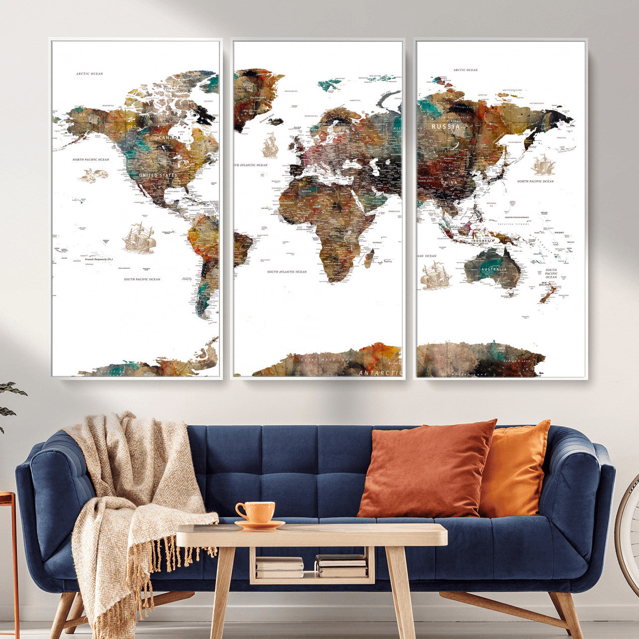 82293175-MGV-CV-36X24 - World Map Wall Art Canvas Print, Modern Decorative Framed Map Artwork Prints for Living Room, Office, Bedroom Wall Decor