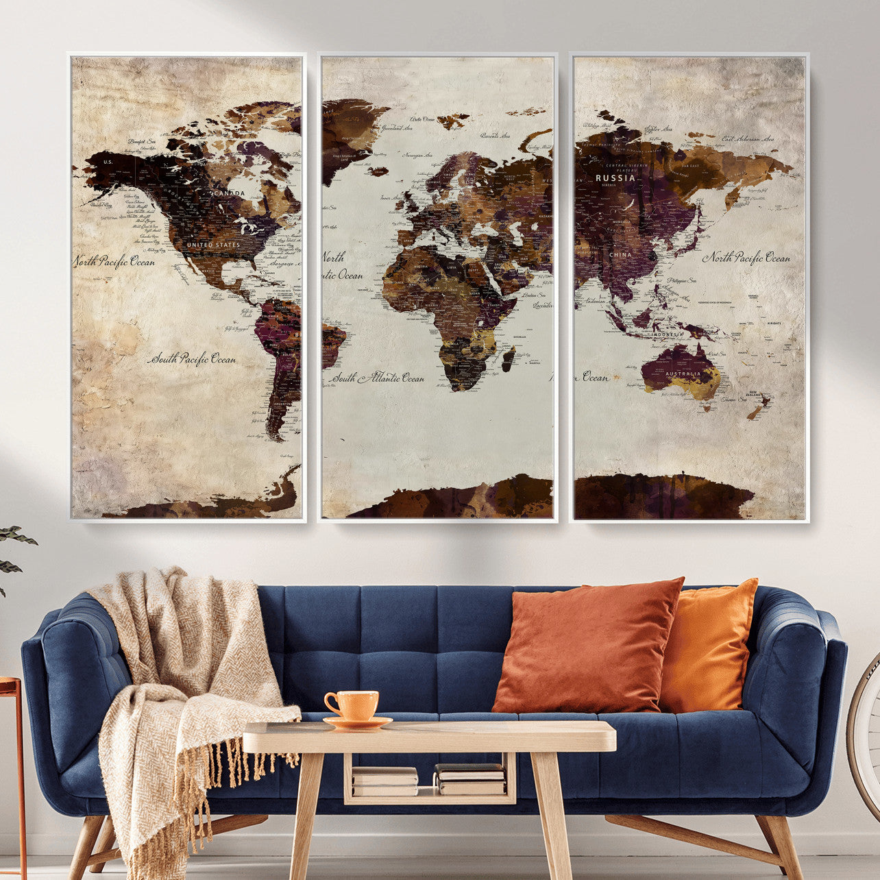 50611123-MGV-CV-36X24 - World Map Canvas Triptych – Colorful Global Wall Art for Living Rooms, Offices, and Study Spaces