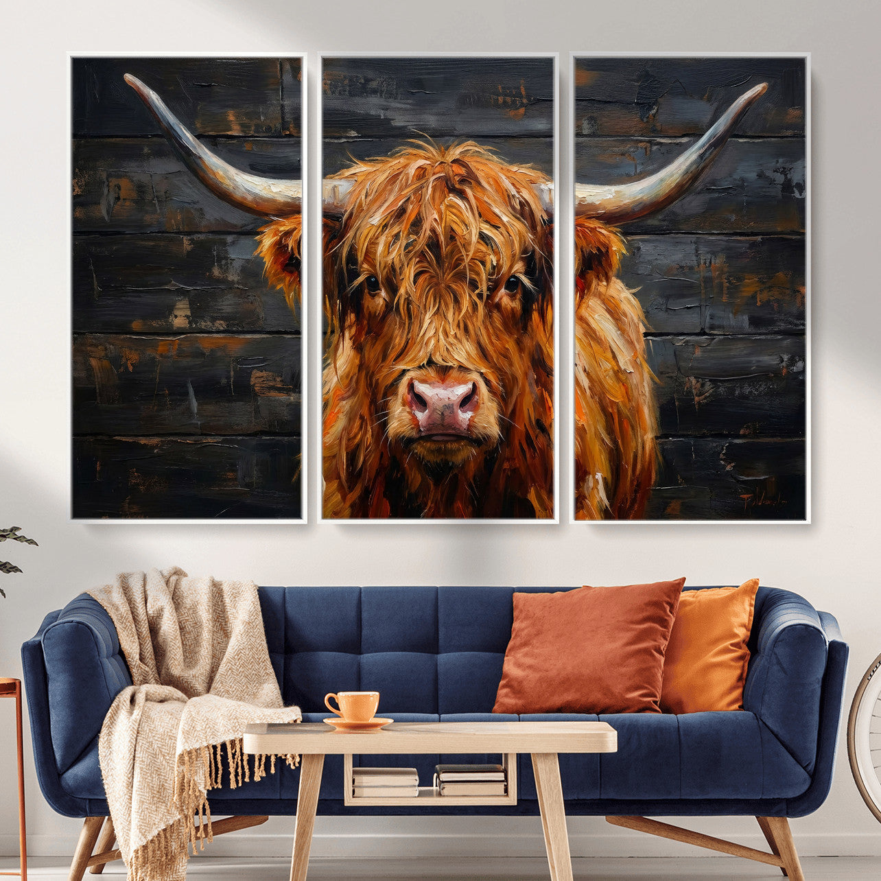 32536611-MGV-CV-36X24 - Highland Cow Wall Art Canvas Print, Rustic Farm Animal Painting, Framed Wall Art Ready to Hang